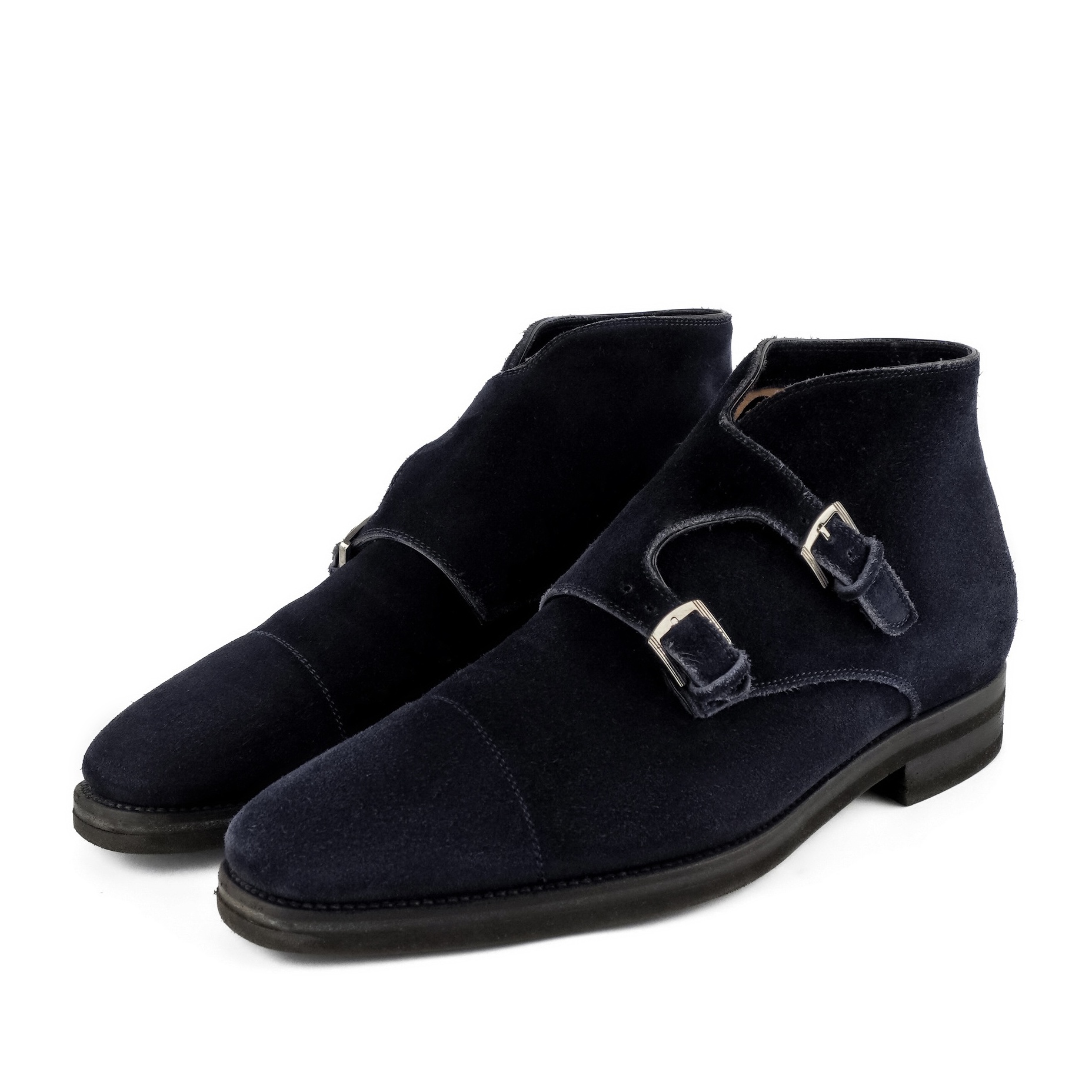 Kiton Double Monk Navy Calfskin Suede Leather Ankle Boots