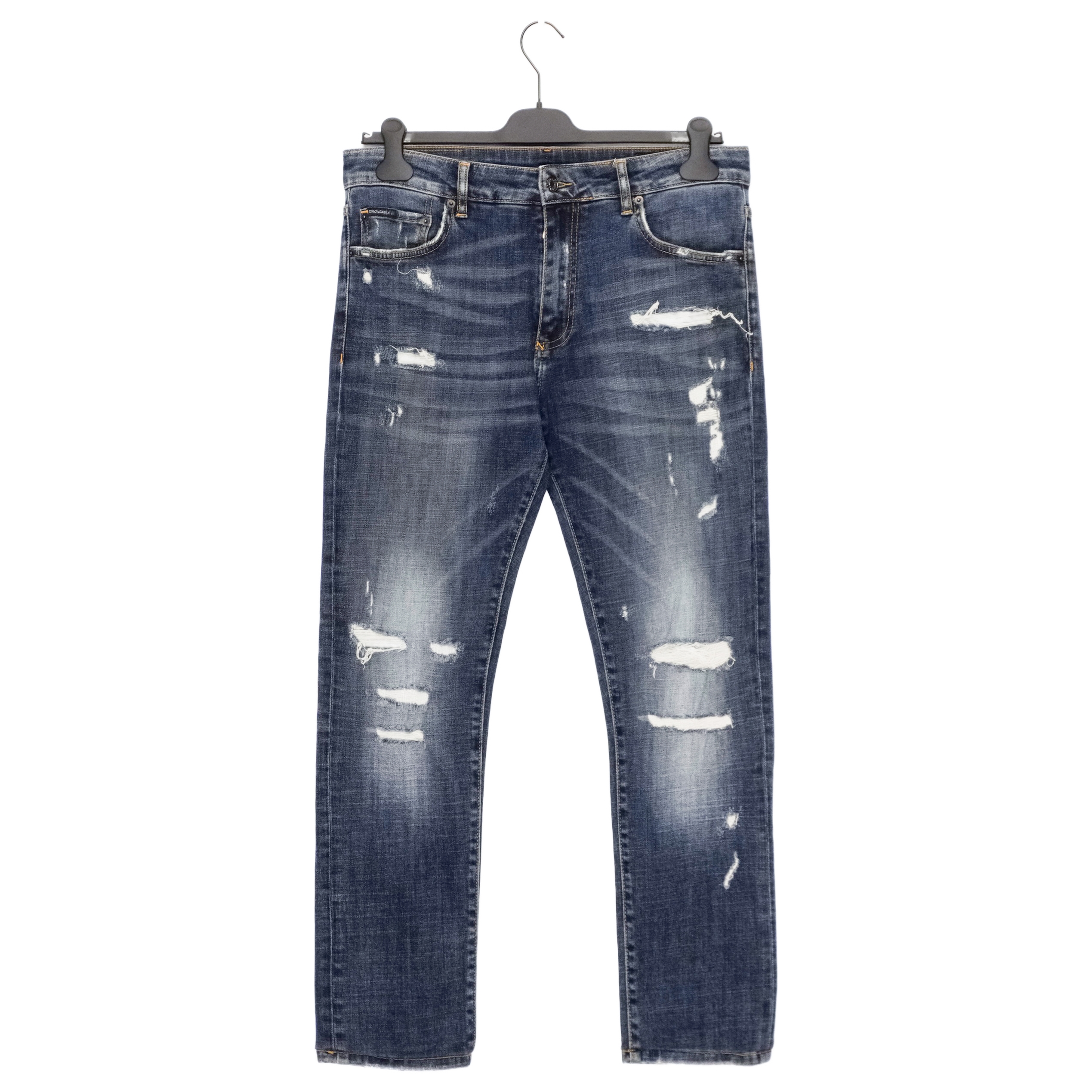 Dolce Gabbana LIght Blue Distressed DG Logo Slim Pant Jeans