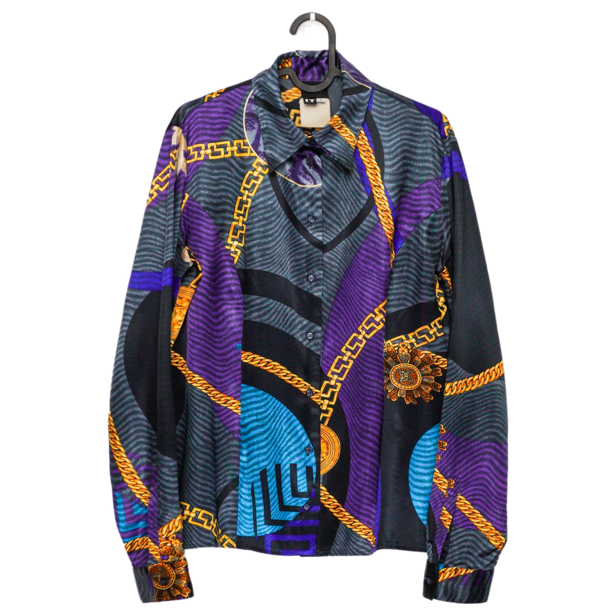 Vintage Versace Baroque Gold Chain Logo Abstract Silk Shirt