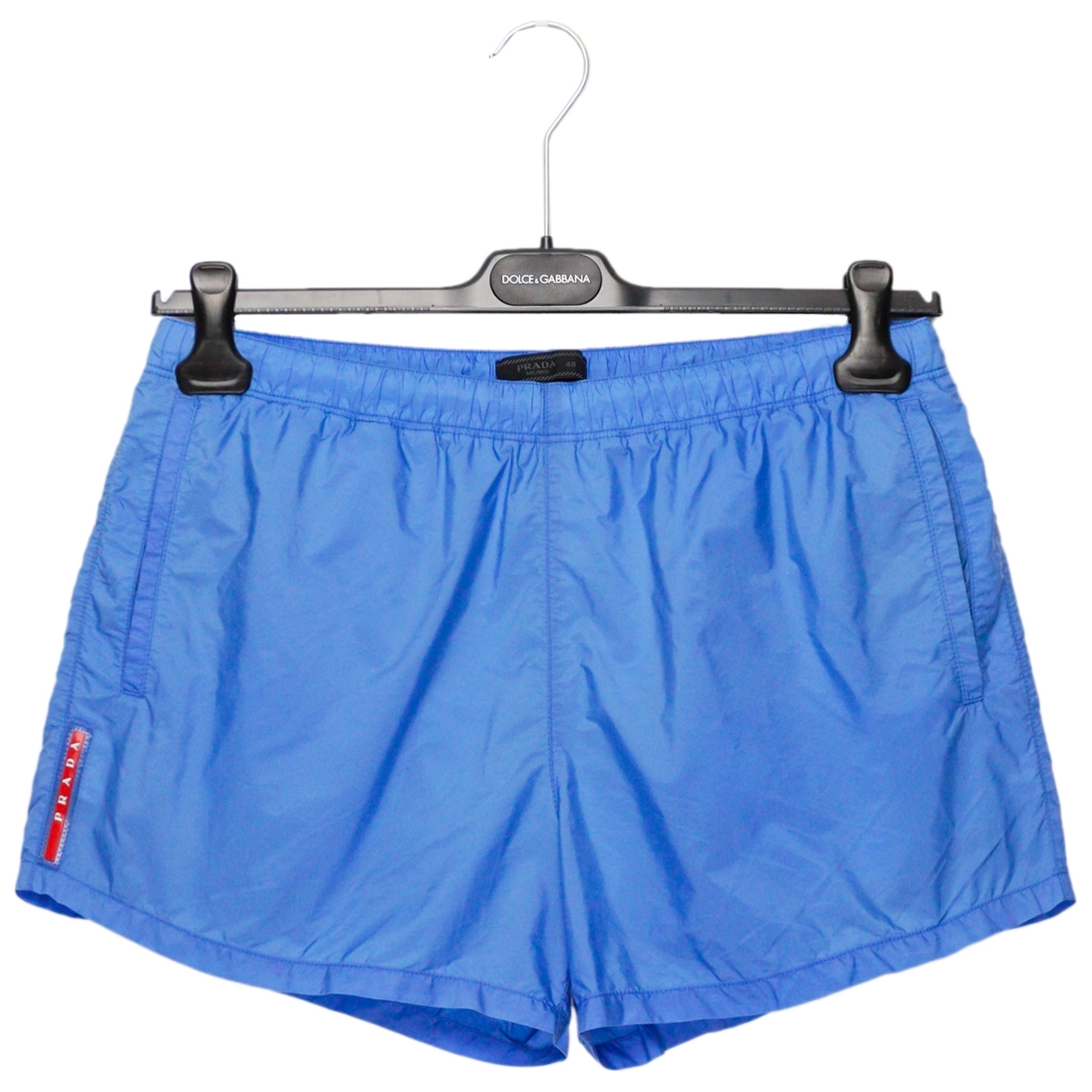Prada Linea Rossa SS17 Red Logo Baby Blue Nylon Swim Shorts