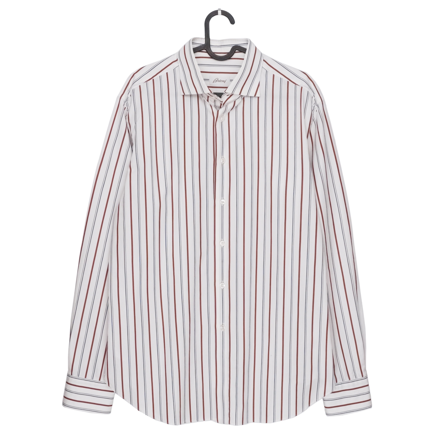 Brioni Parioli Brown Blue Striped White Long Sleeve Shirt