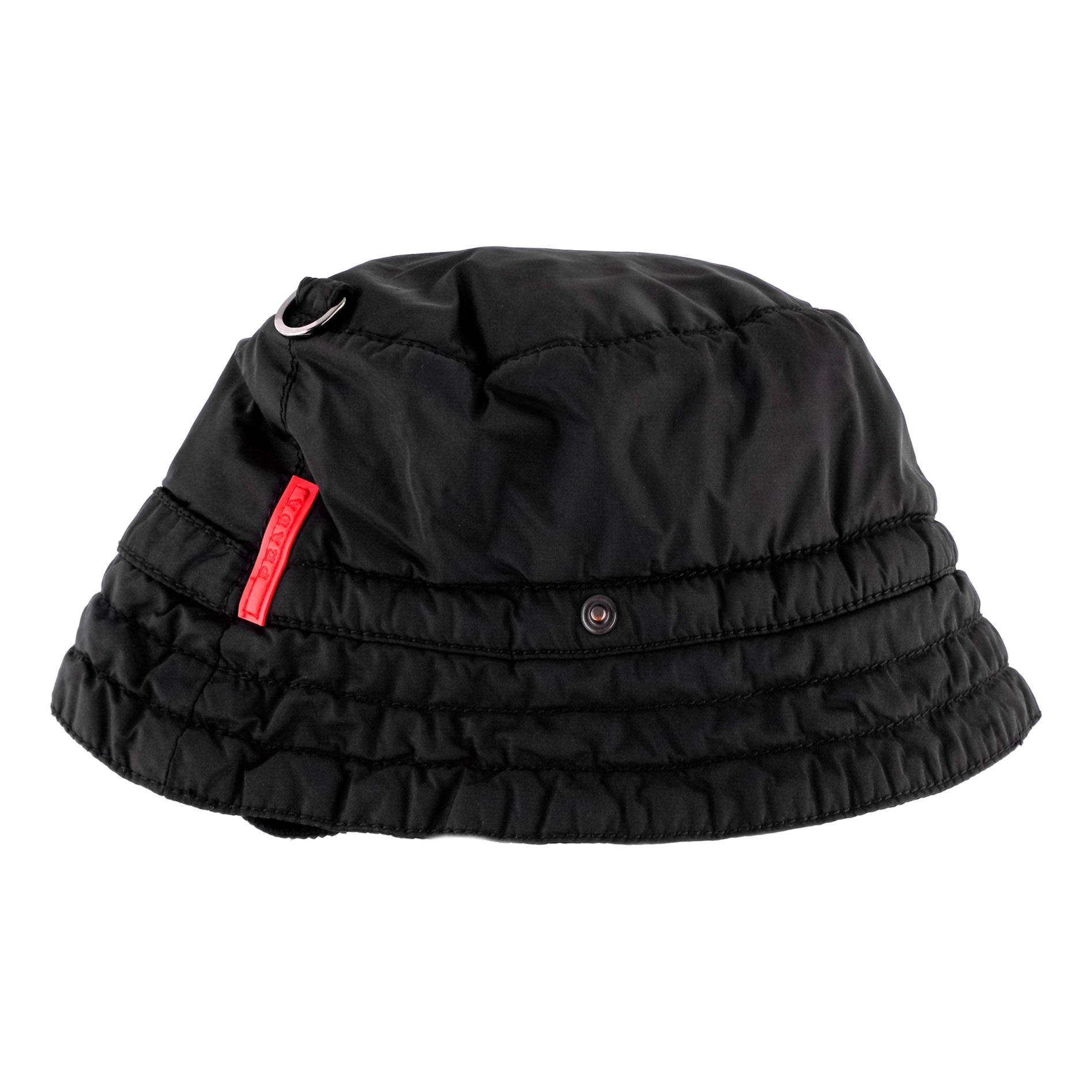 Vintage Prada Nylon Red Tab Logo Warm Cargo Black Bucket Hat