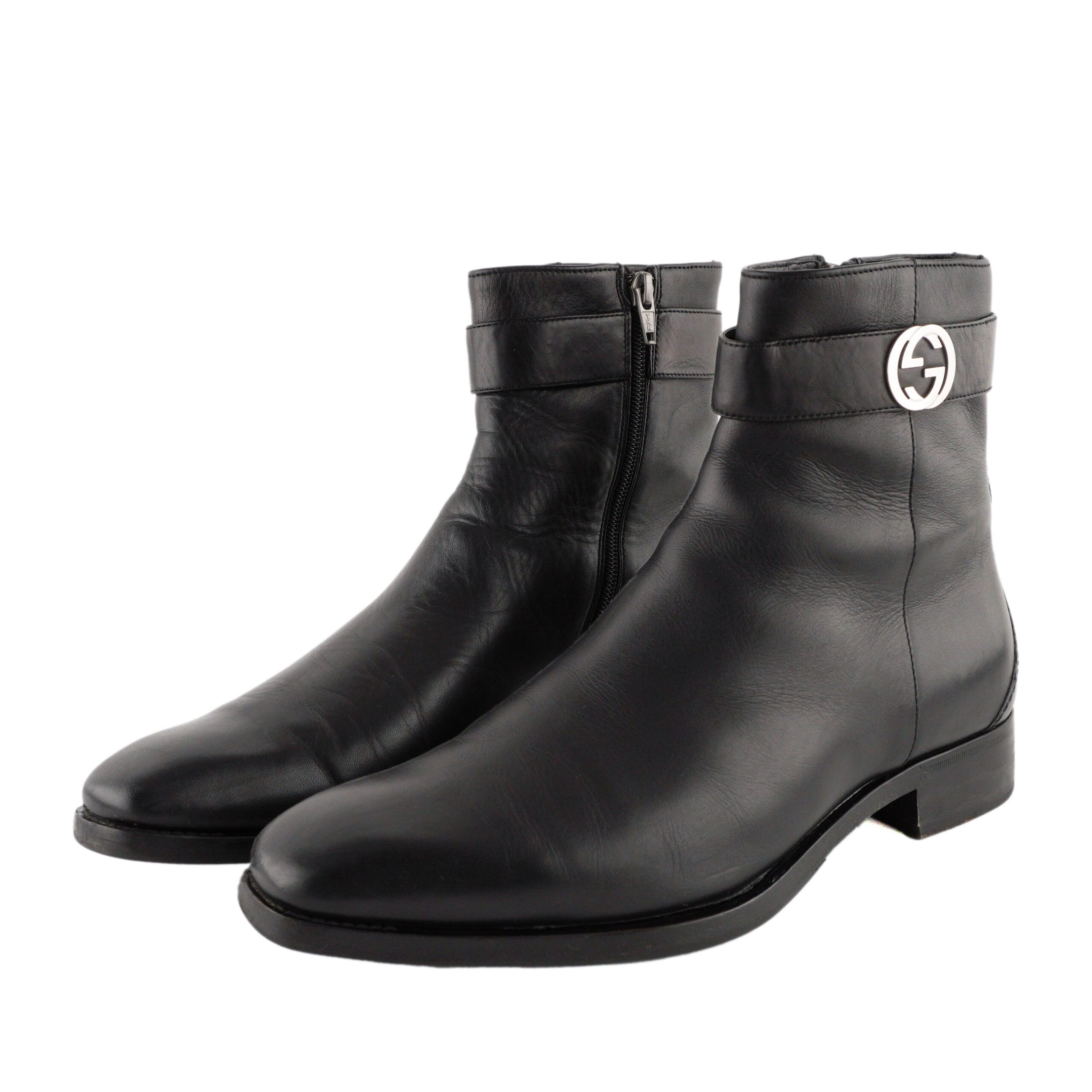 Gucci GG Interlocking Silver Logo Black Leather Zip Boots