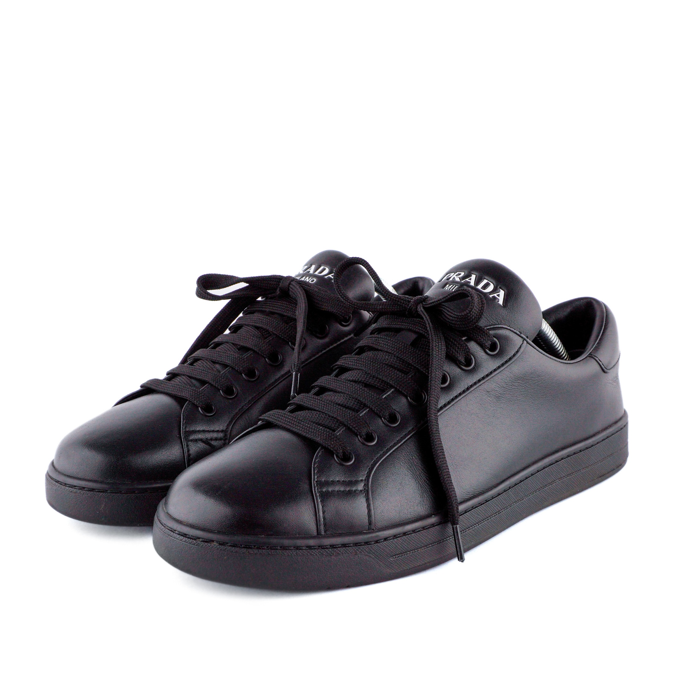 Prada Milano Classic Logo Black Leather Tennis Sneakers