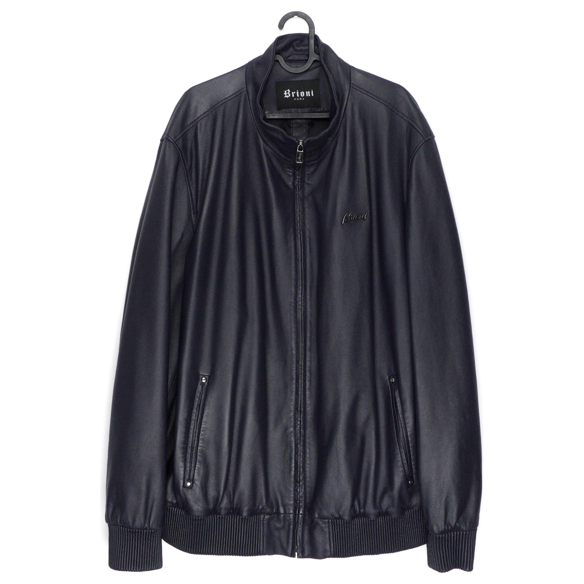 Brioni Navy Blue Metal Logo Leather Bomber Jacket