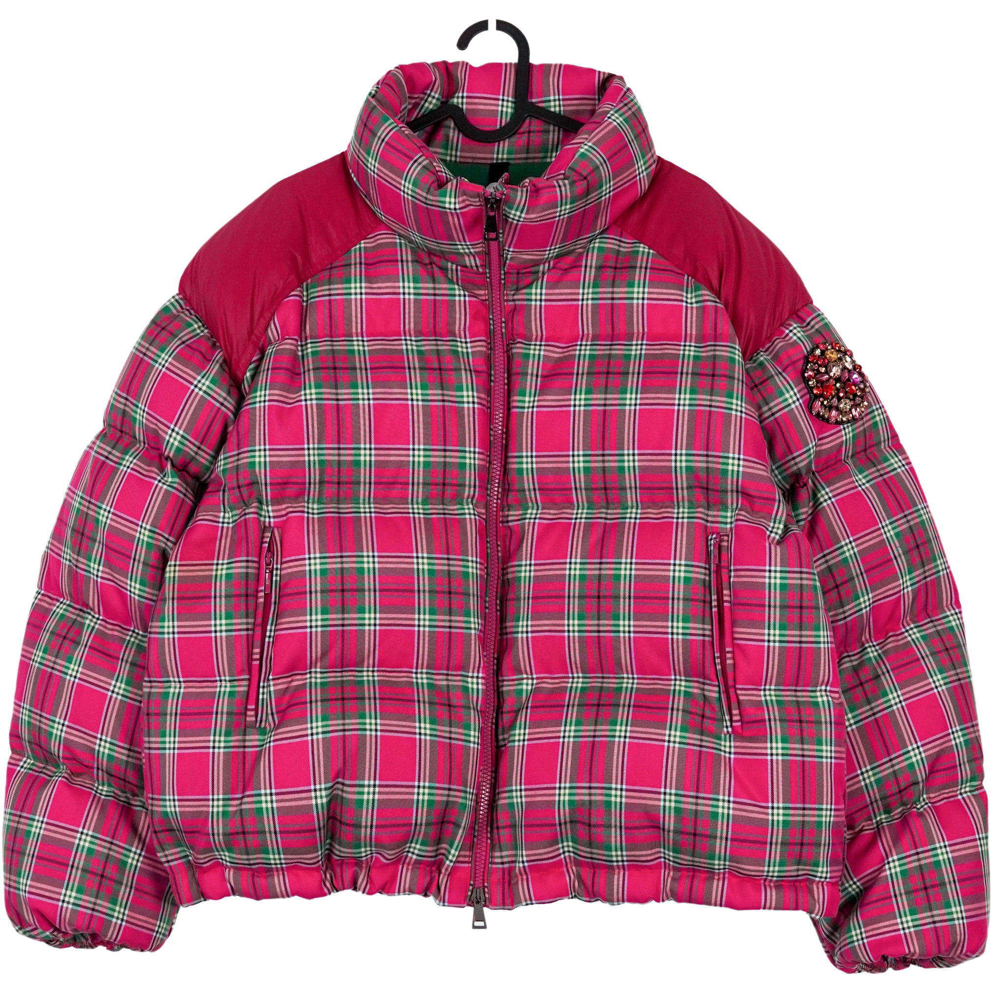 Moncler Crystal Brooch Logo Check Goose Down Puffer Jacket