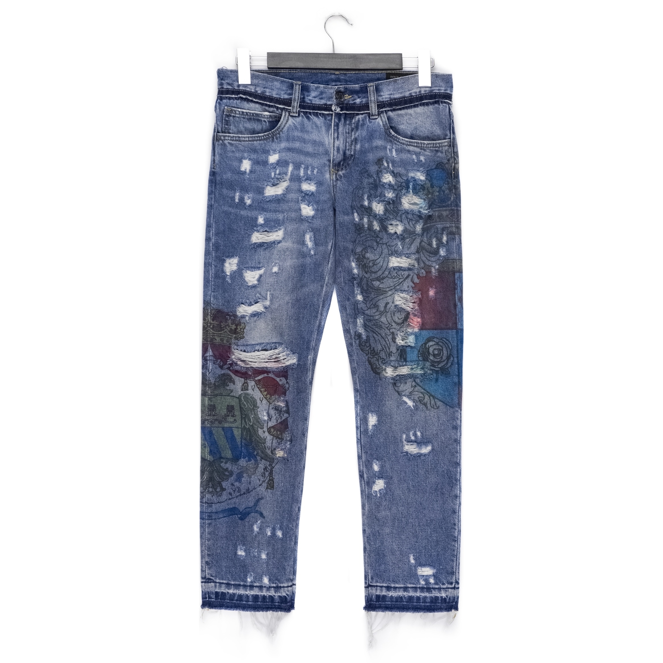 Dolce Gabbana Crest Print Distressed Washed Logo Pant Jeans
