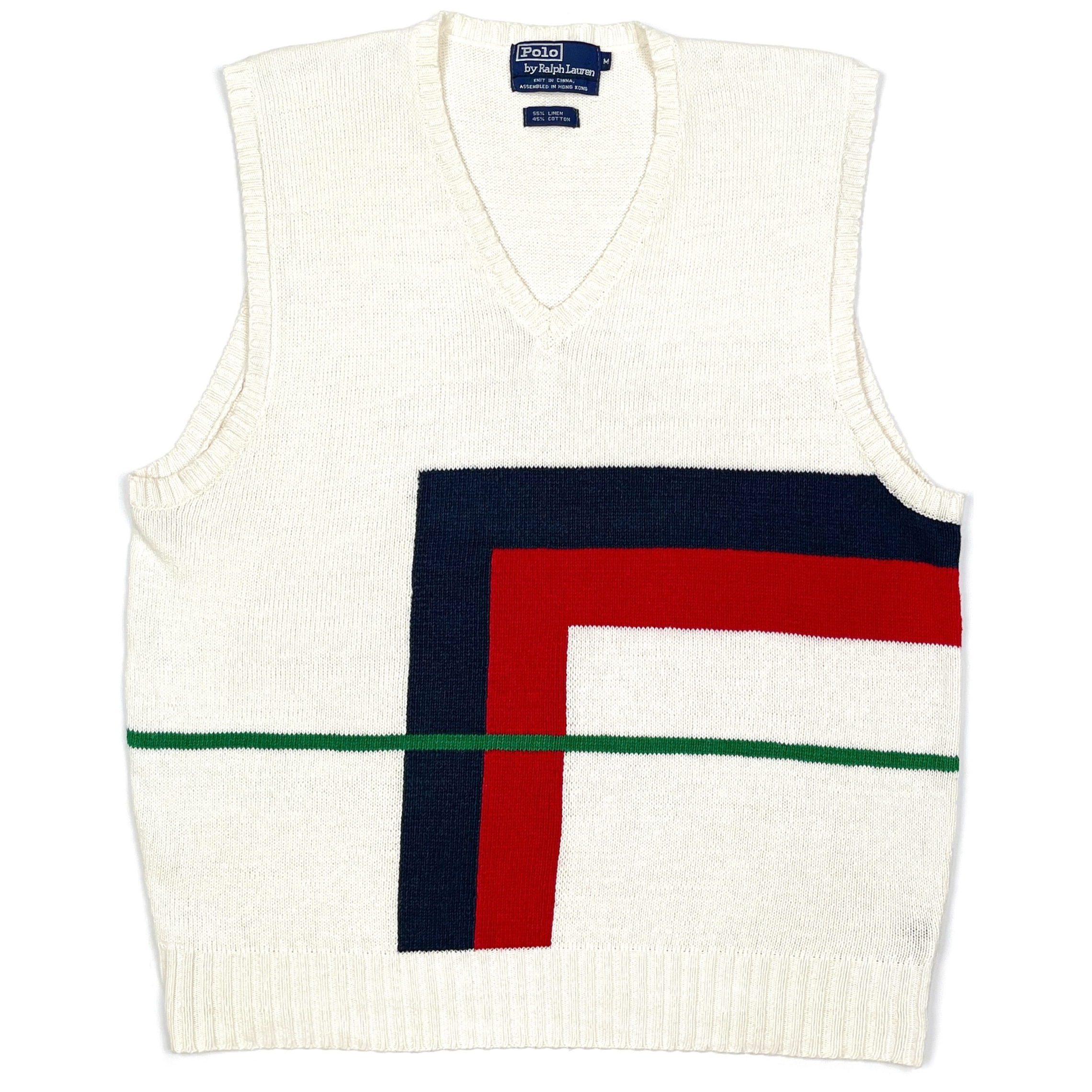 PRL Rare Vintage Stipes Logo Linen Heavy Knit Cream Vest