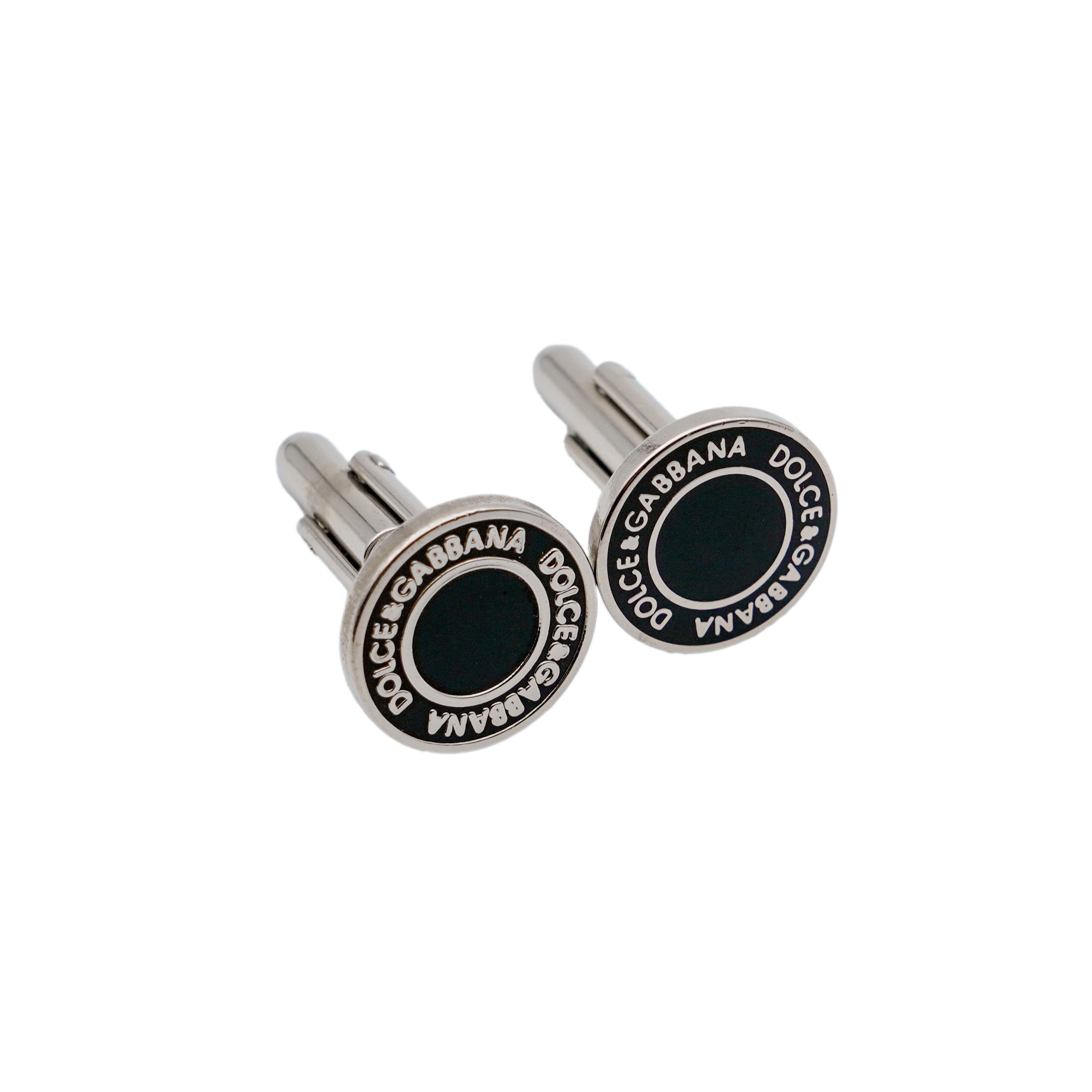 Dolce Gabbana Silver Round Black Enamel Logo Cufflinks