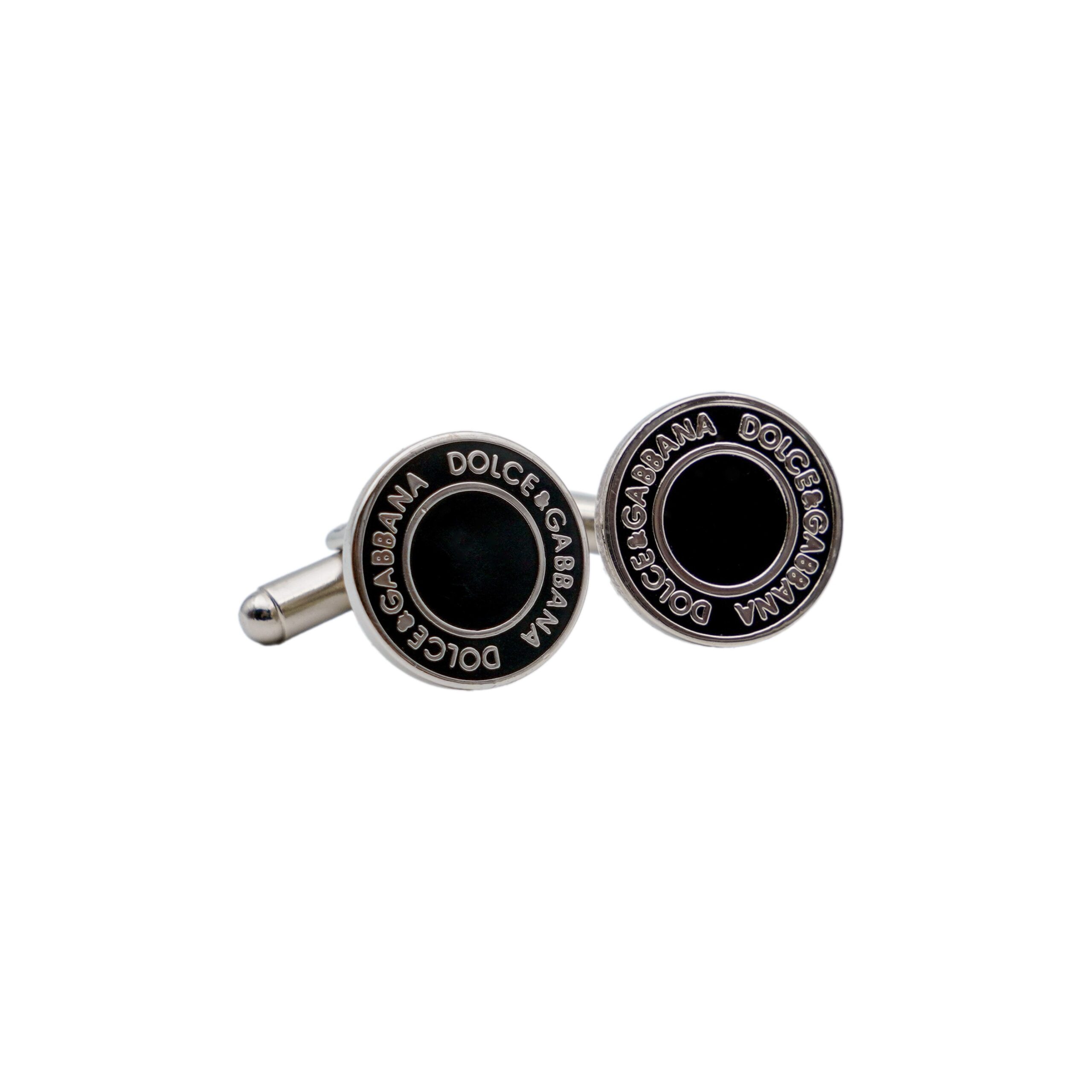 Dolce Gabbana Silver Round Black Enamel Logo Cufflinks — photo 3