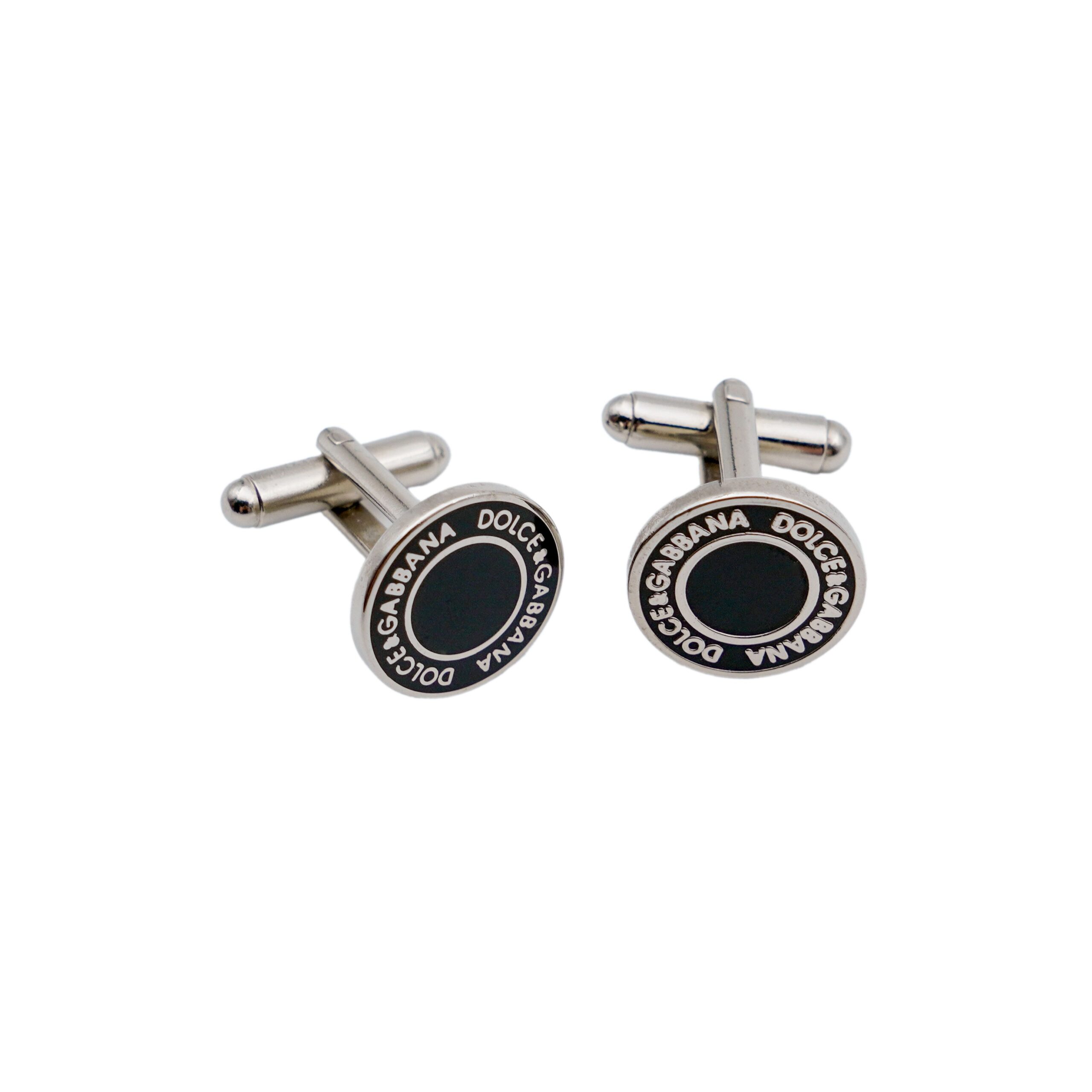Dolce Gabbana Silver Round Black Enamel Logo Cufflinks — photo 4