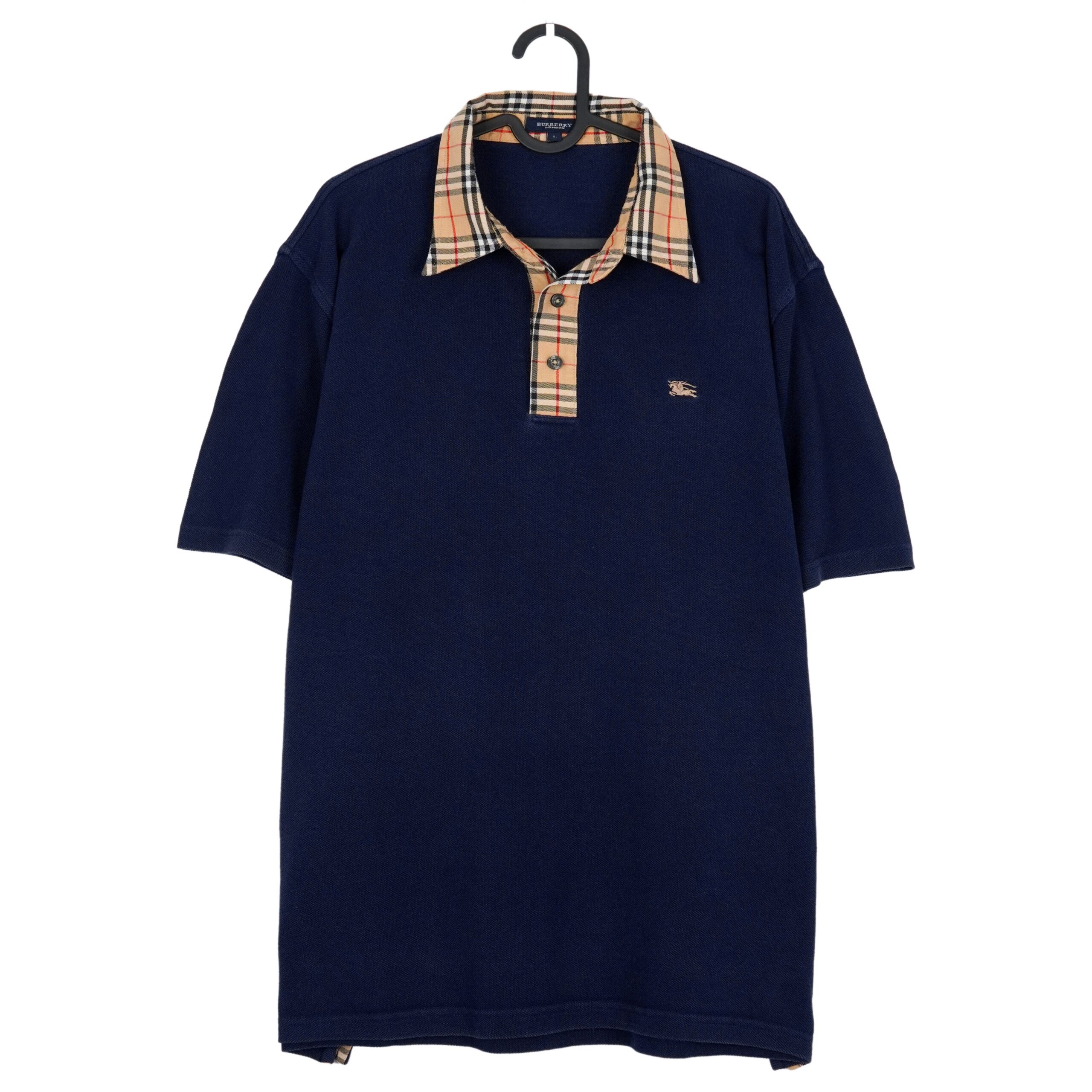 Vintage Burberry Navy Blue Nova Check Collar Logo Polo Shirt