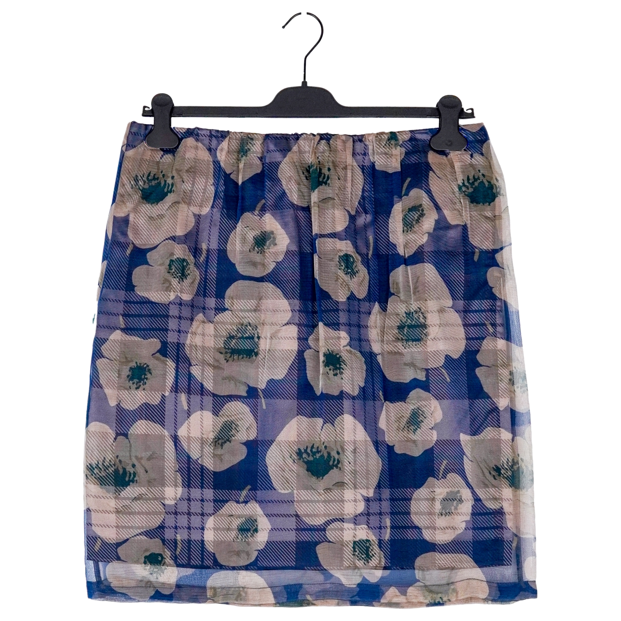Dries Van Noten Blue Floral Pattern Plaid Sheer Silk Skirt