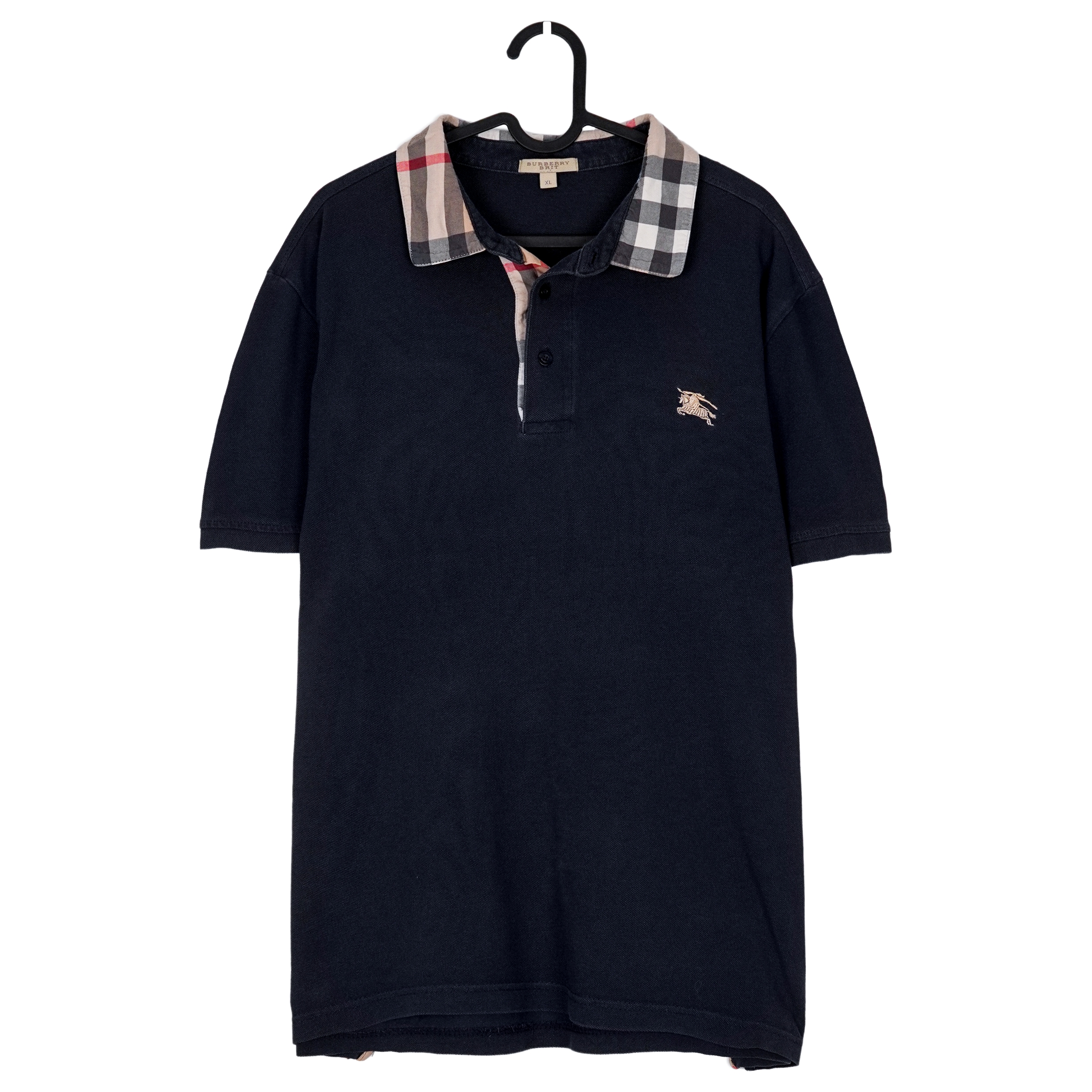 Vintage Burberry Brit Navy Blue Check Collar Logo Polo Shirt