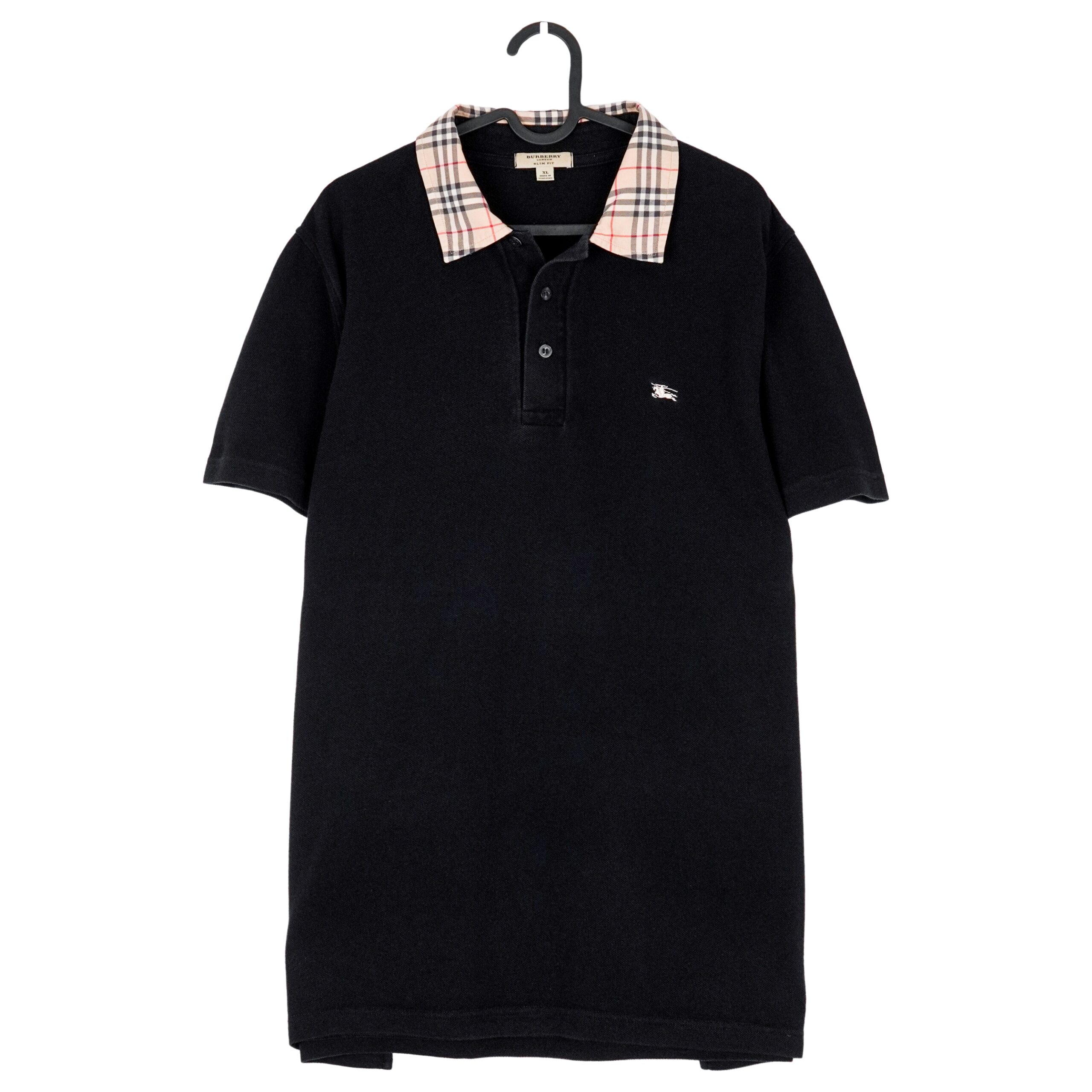 Burberry Black Slim Fit Check Collar White Logo Polo Shirt