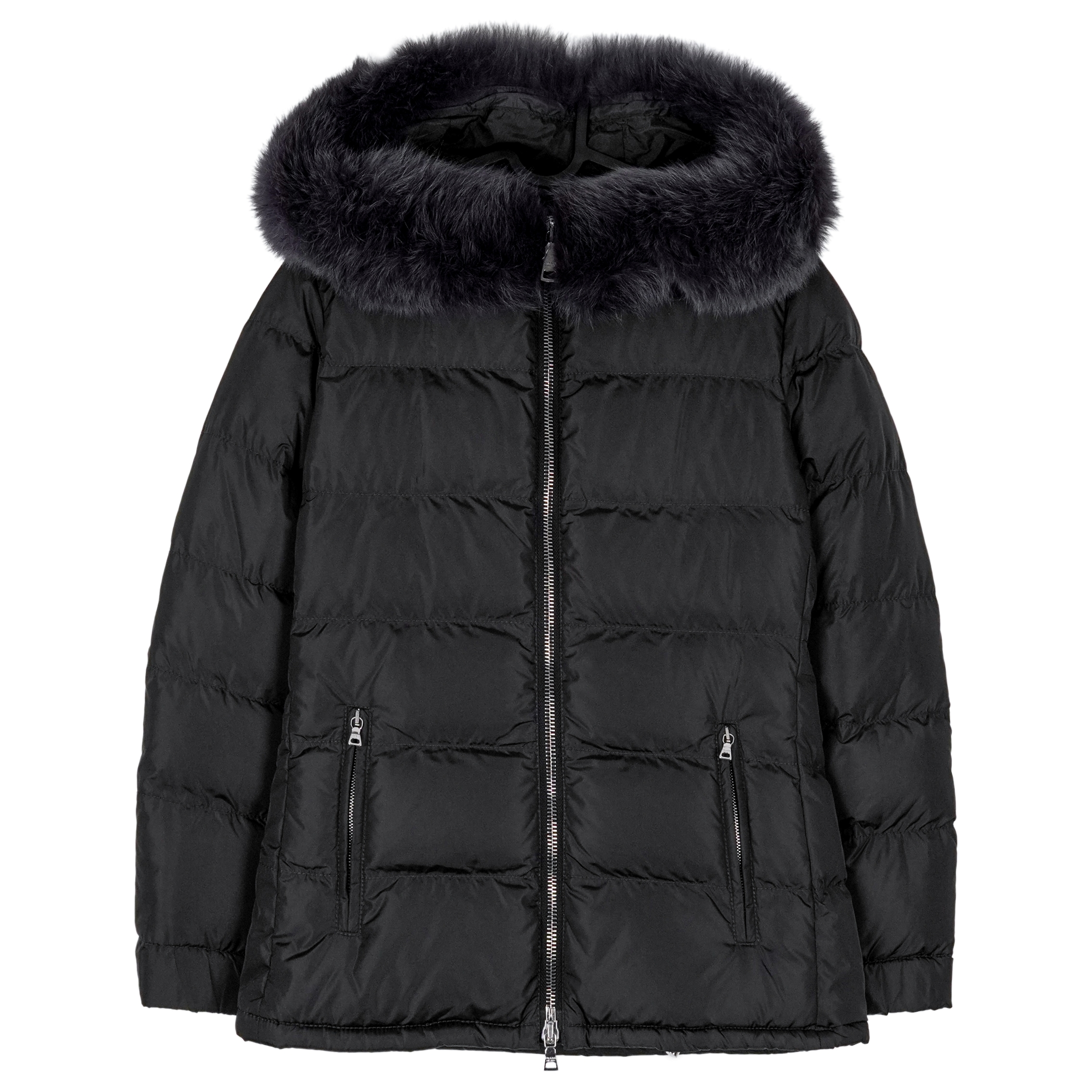 Prada Black Nylon Fox Fur Hooded Womens Down Puffer Jacket