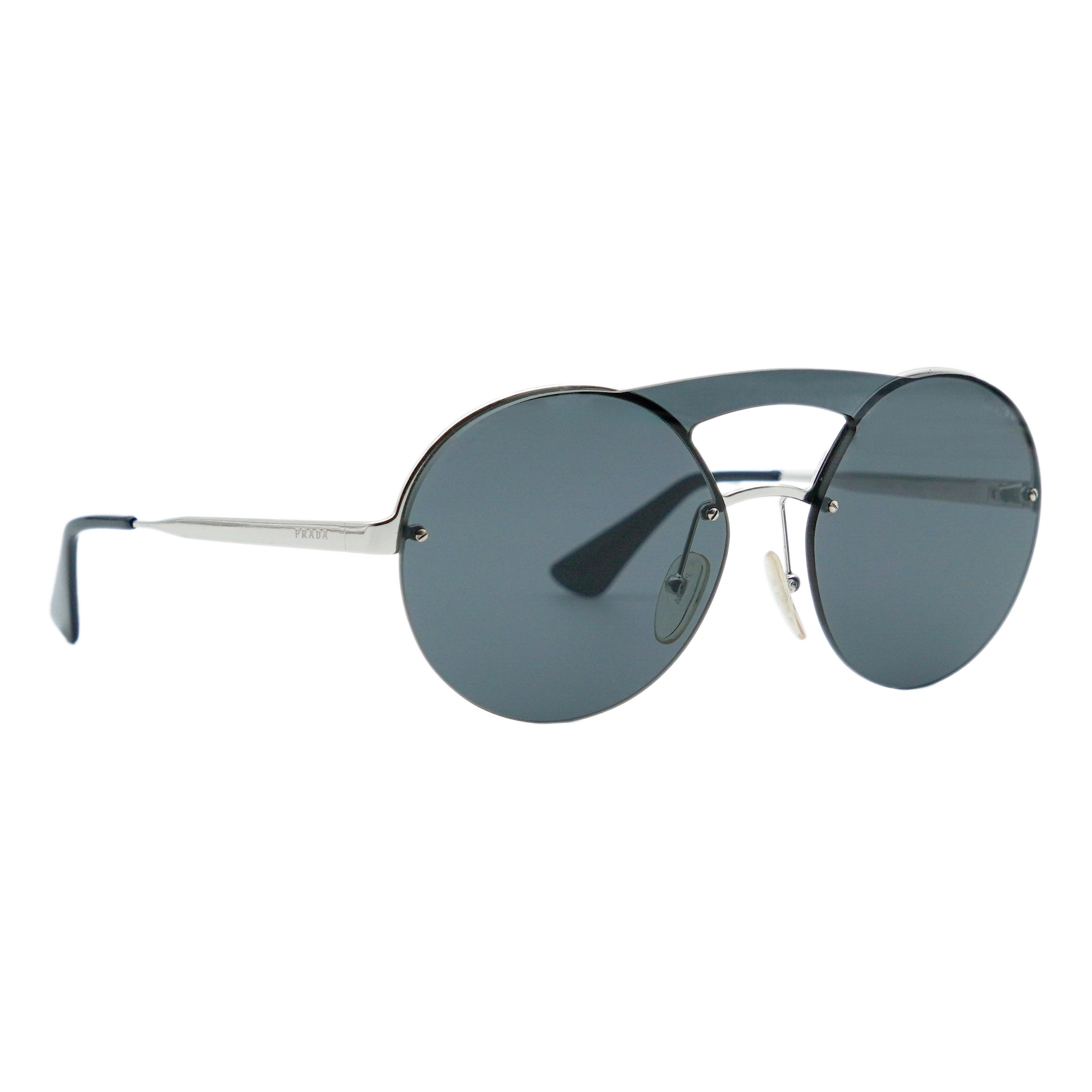 Prada SPR 65T Round Double Bridge Silver Logo Sunglasses