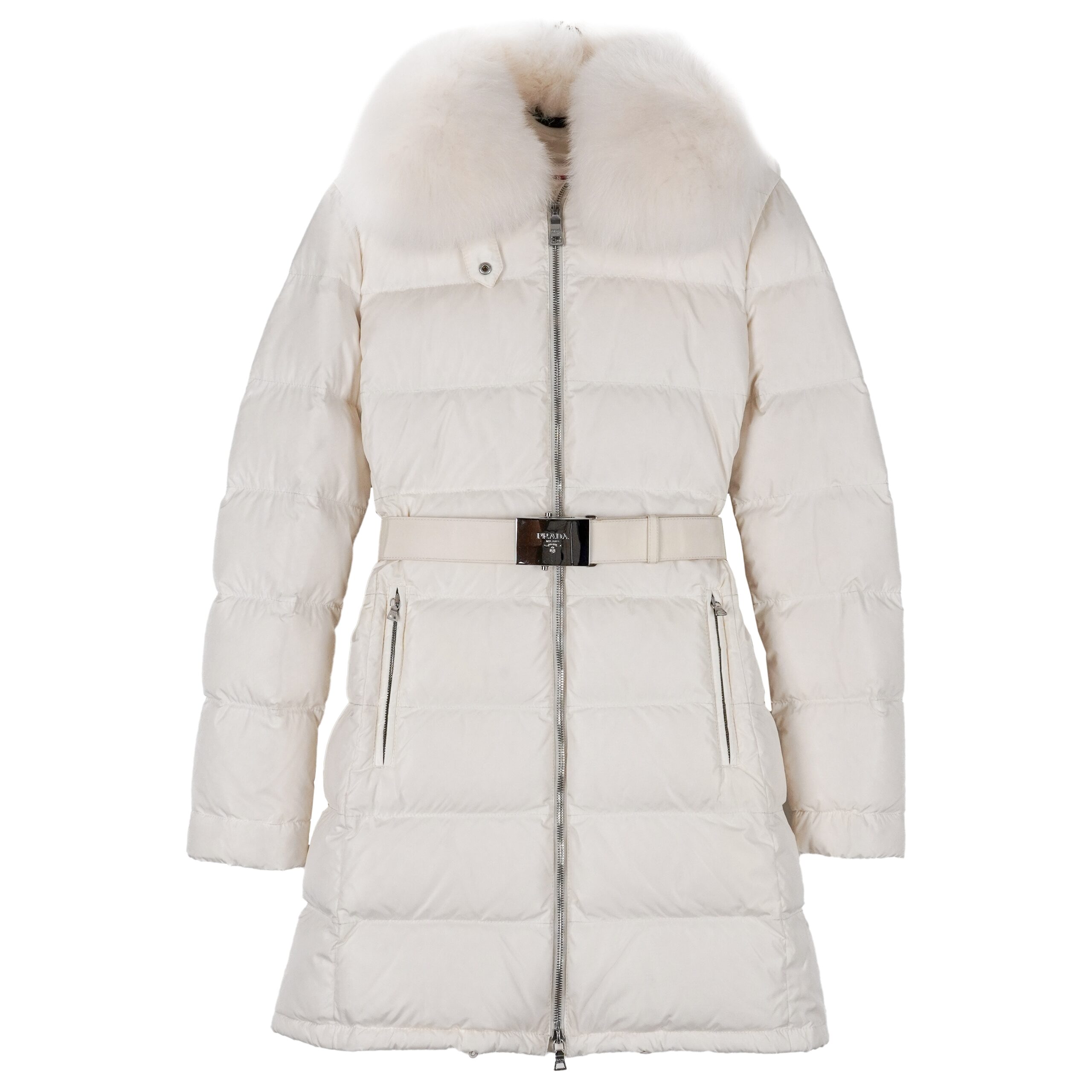 Prada Linea Rossa AW09 White Fox Fur Belted Down Coat Jacket