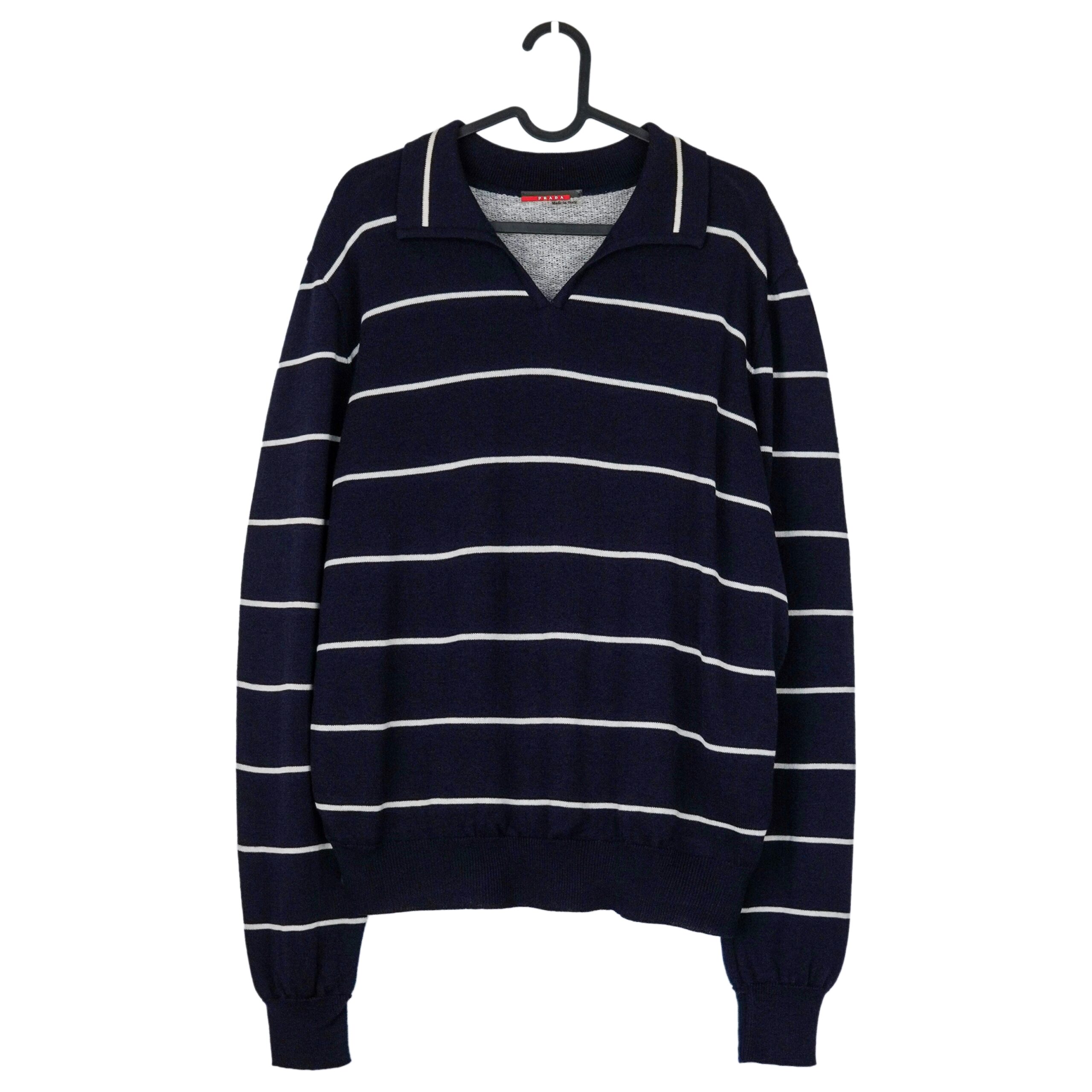 Prada Navy Gray Wool Knit Striped Rugby Polo Collar Sweater