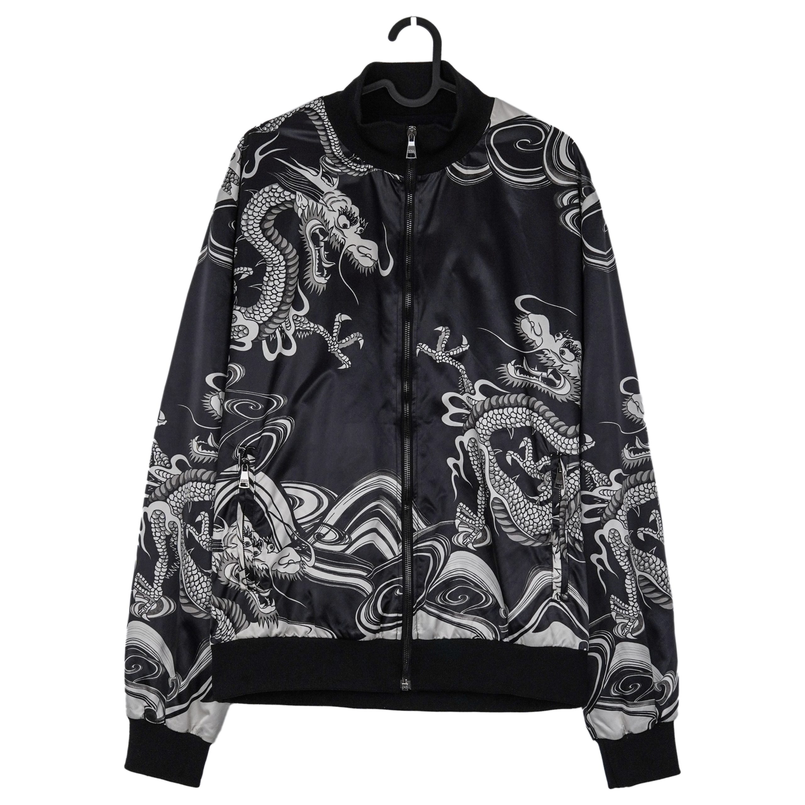 Dolce Gabbana Black Dragon Print Nylon Zip Bomber Jacket