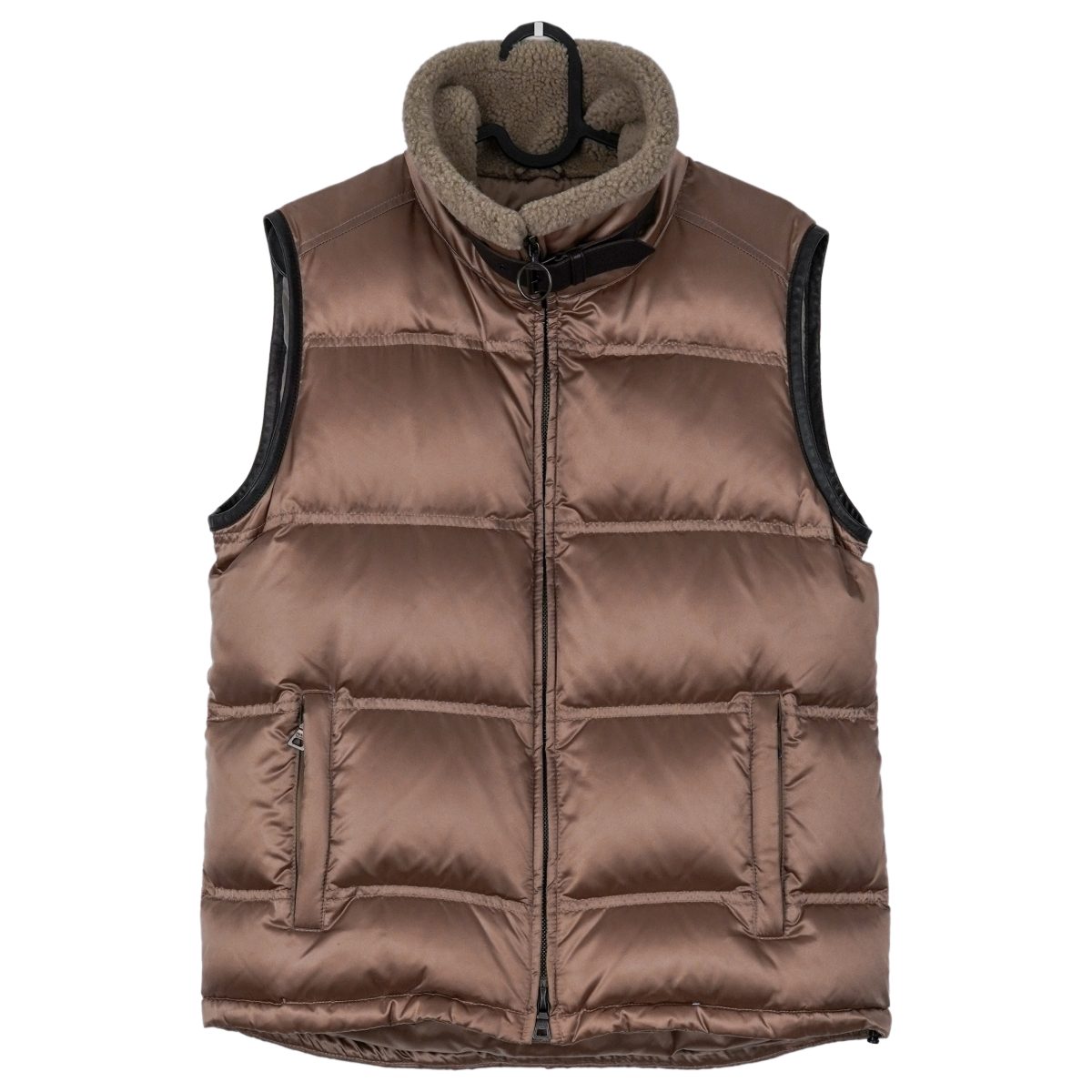 Prada Milano Brown Nylon Shearling Collar Down Vest Jacket