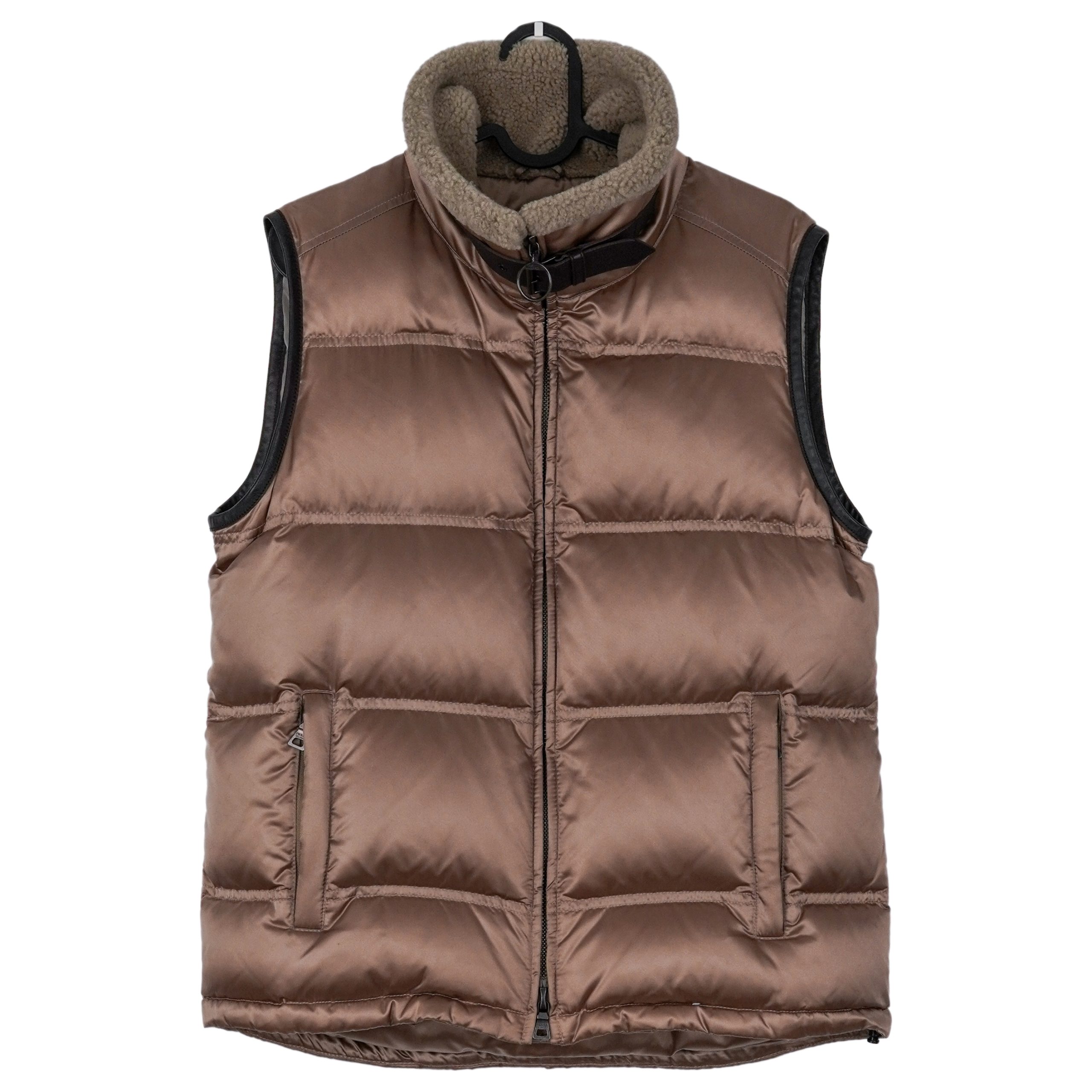 Prada Milano Brown Nylon Shearling Collar Down Vest Jacket