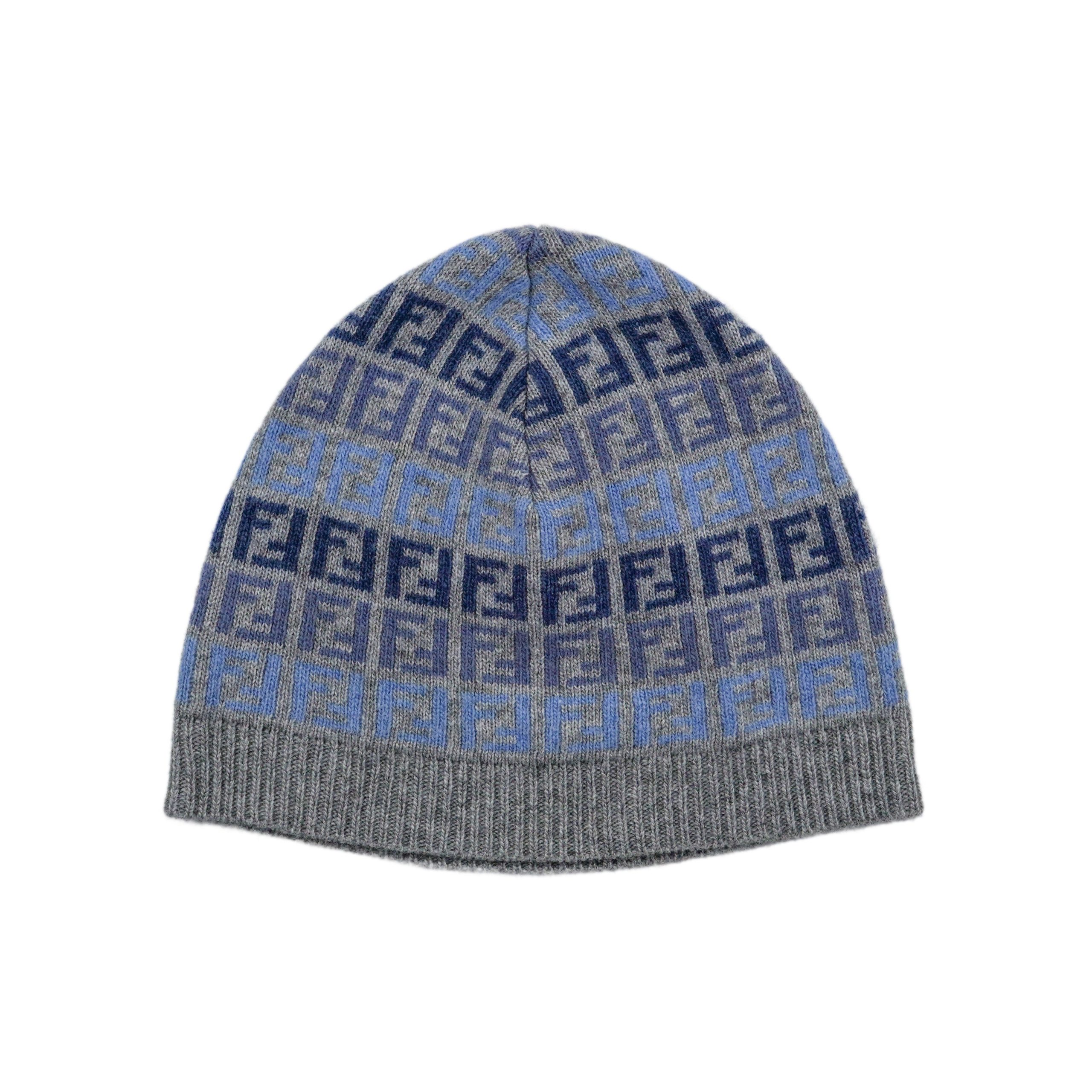 Fendi FF Monogram Blue Gray Wool Knit Scarf Beanie Hat