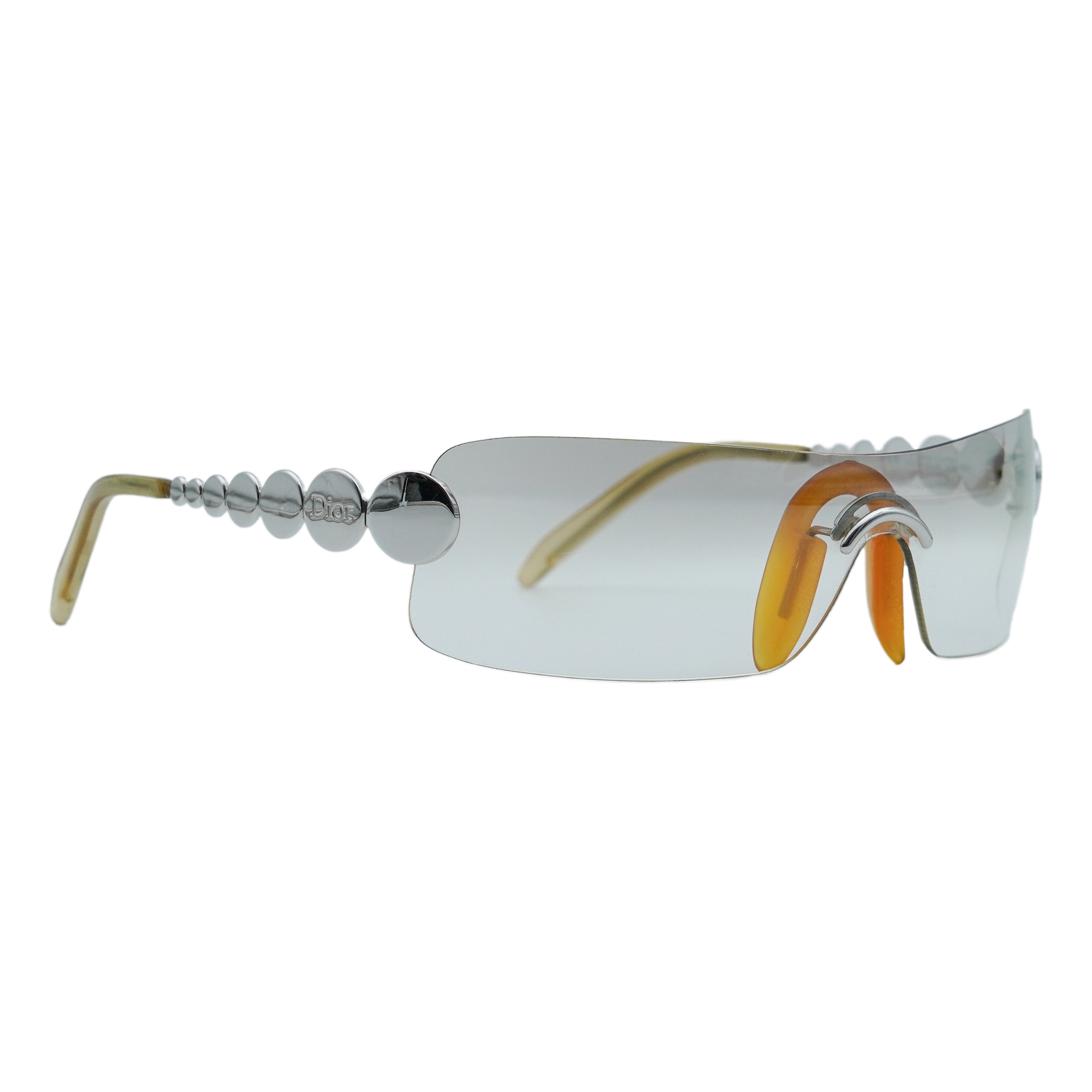 Vintage Dior Ruthenium Metal Rimless Shield Logo Sunglasses