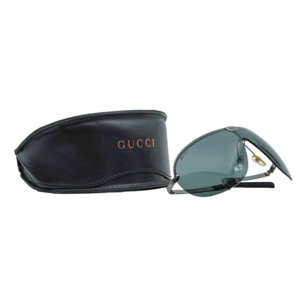 Vintage Gucci Gunmetal Half Rimless Shield Logo Sunglasses — photo 11