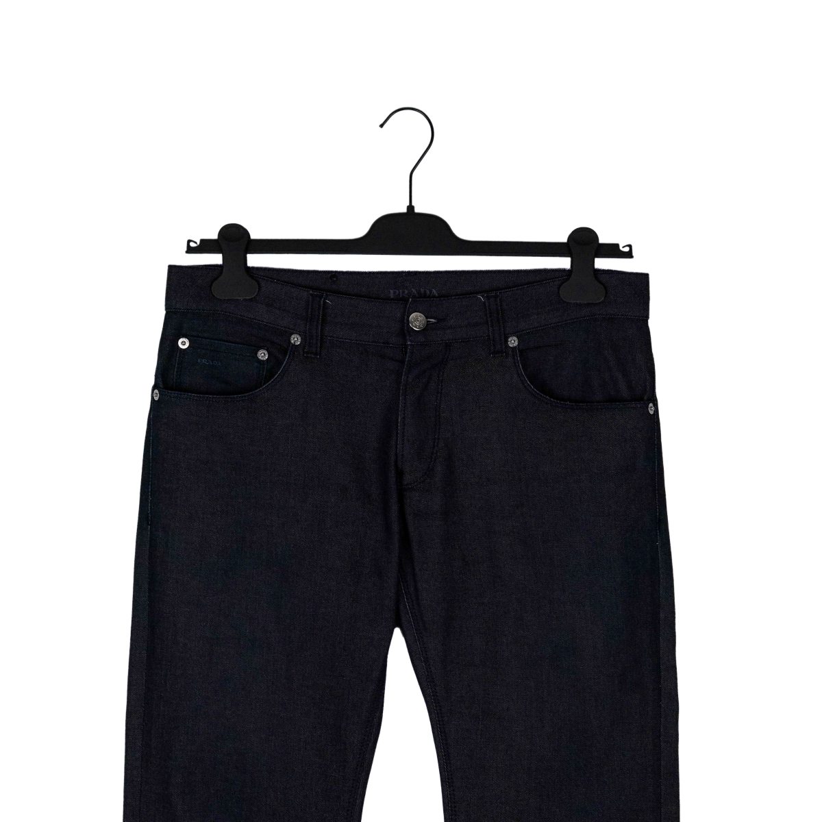 Prada Raw Pure Indigo Denim Tapered Fit Logo Jeans Pants — photo 3