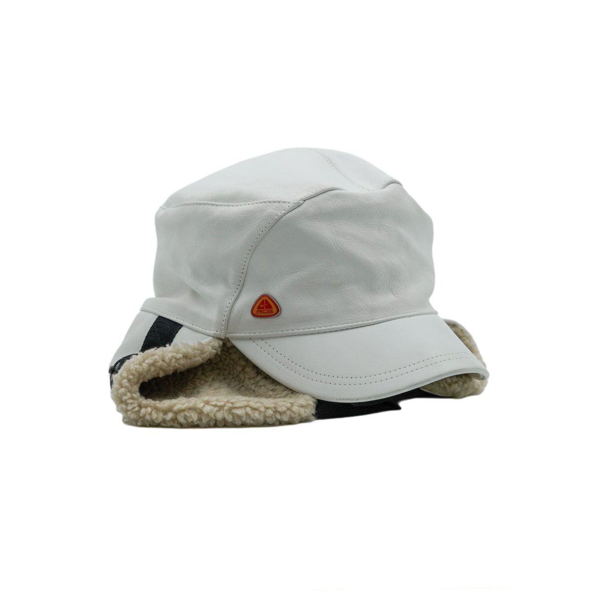 Nike ACG White Leather Shearling Lined Logo Ear Flap Hat
