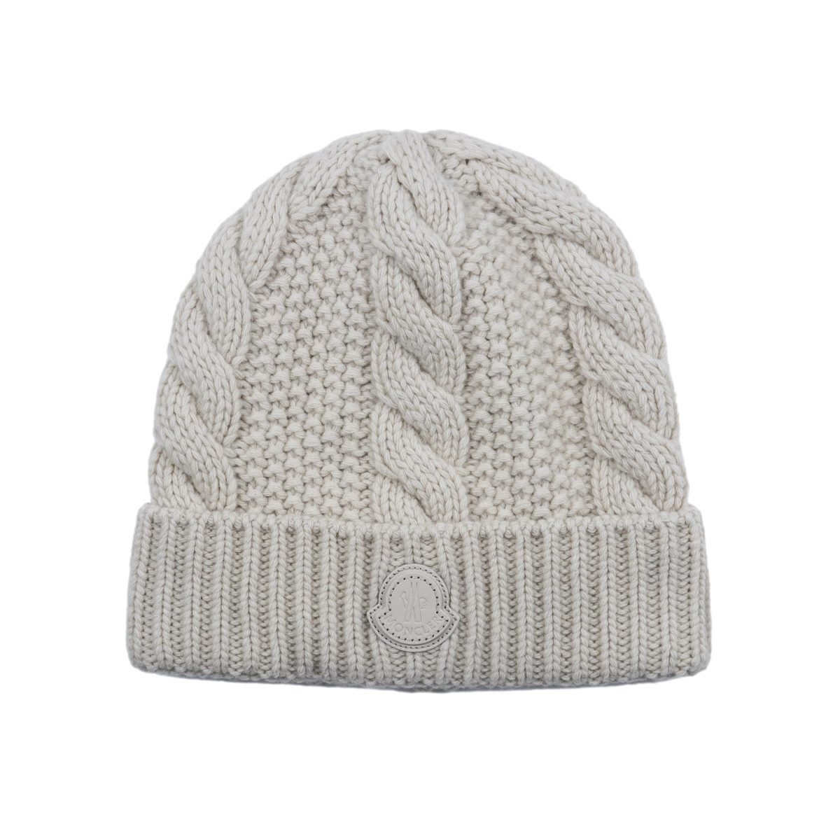 Moncler Beige Wool Cashmere Chunky Knit Logo Beanie Hat