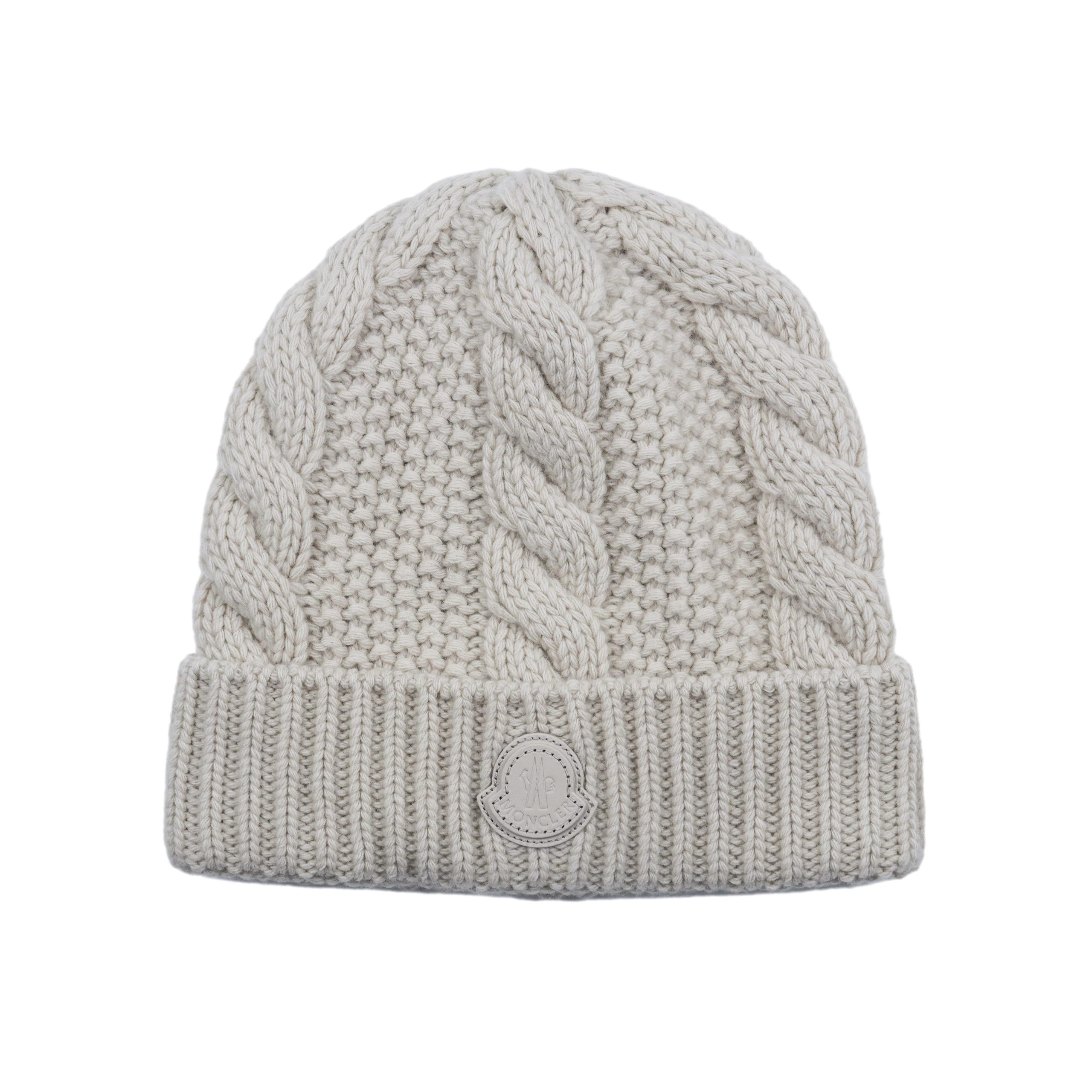 Moncler Beige Wool Cashmere Chunky Knit Logo Beanie Hat