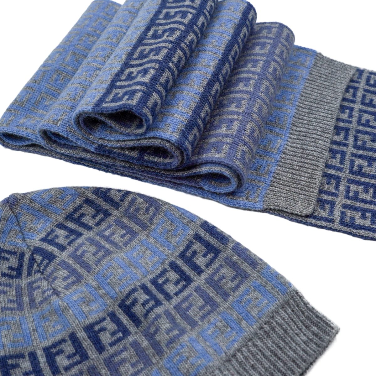 Fendi FF Monogram Blue Gray Wool Knit Scarf Beanie Hat — photo 10