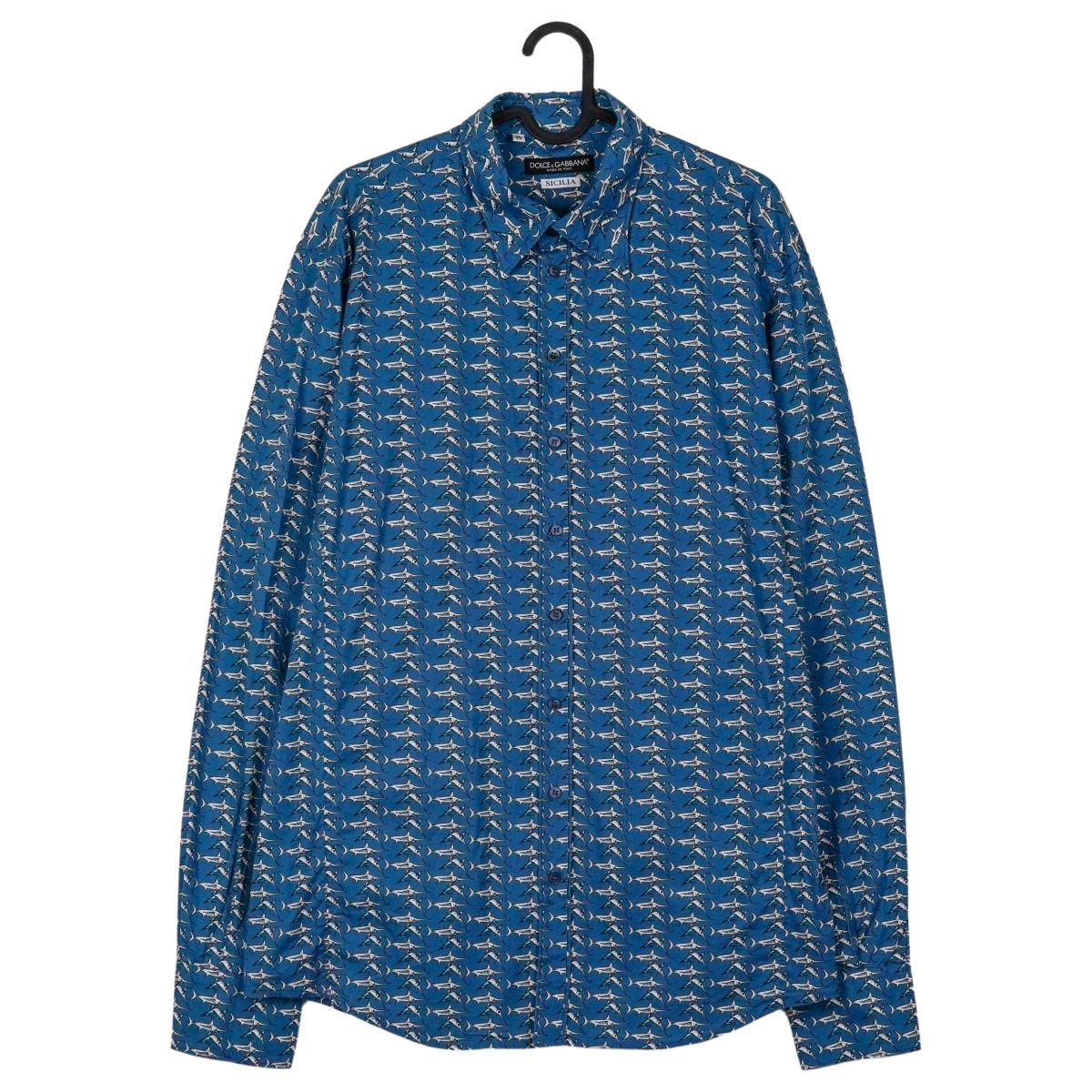 Dolce Gabbana Sicilia Blue Swordfish Print Long Sleeve Shirt