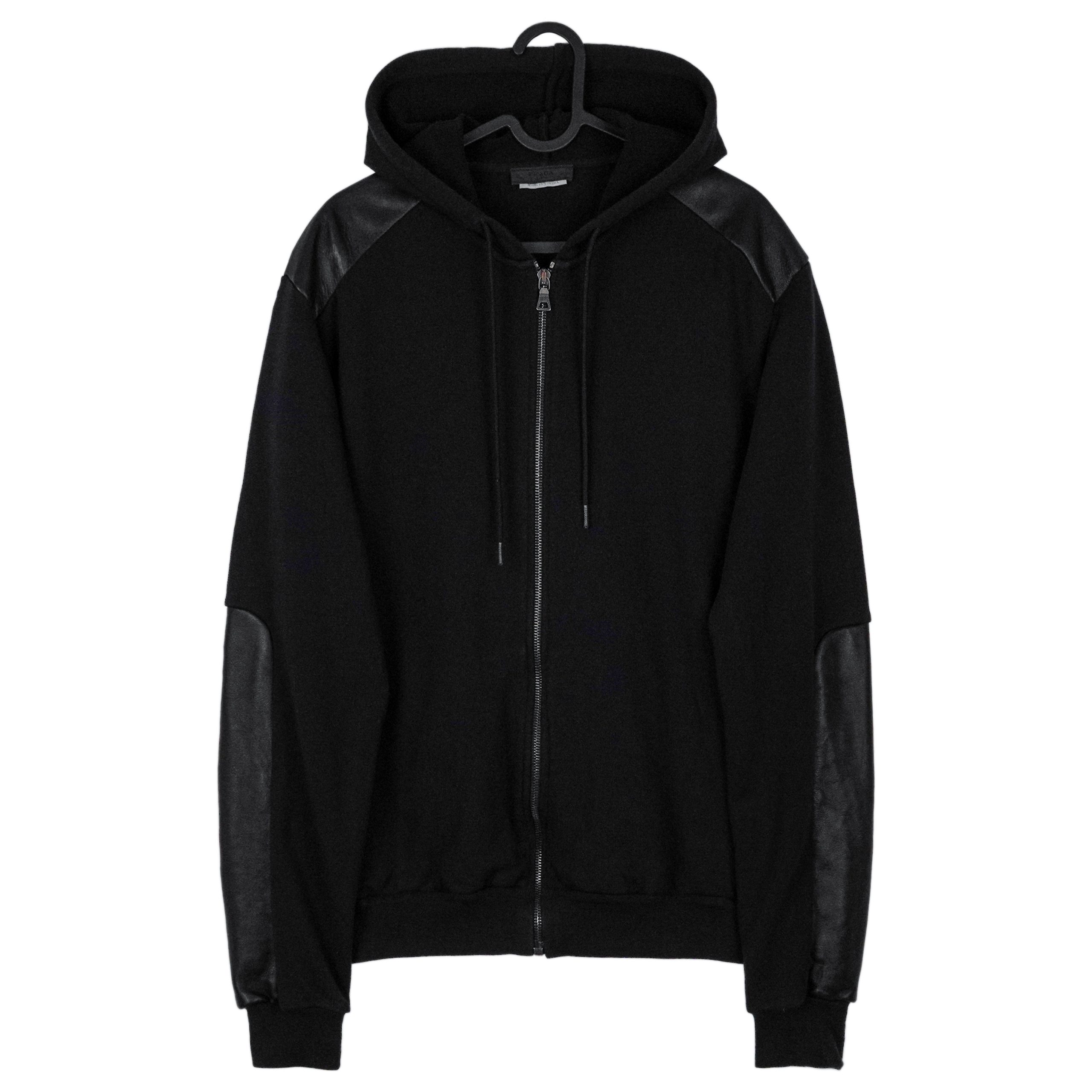 Prada AW2010 Black Leather Sleeve Riri Zip Sweatshirt Hoodie