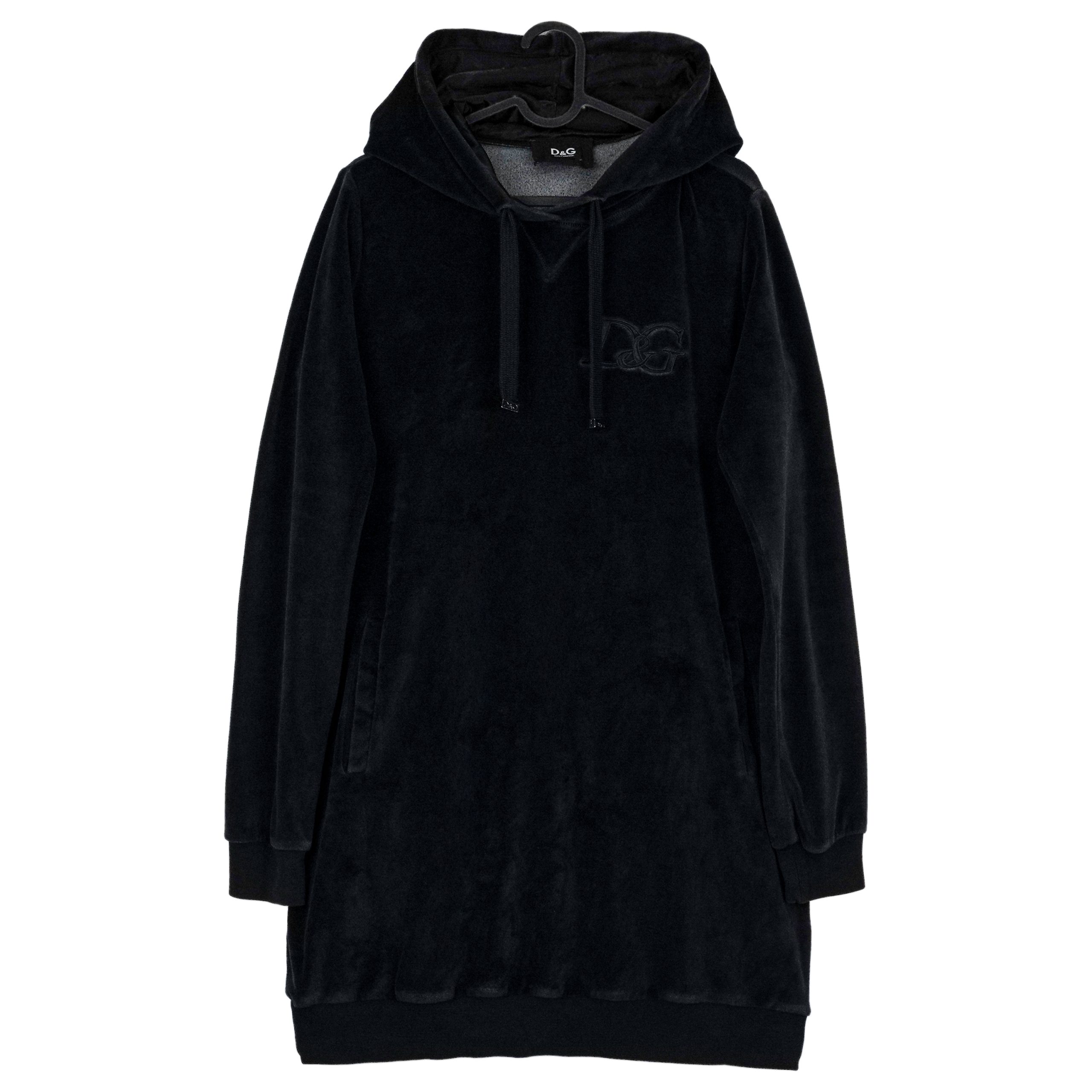 Dolce Gabbana Velour Embroidered Logo Long Hoodie Sweatshirt