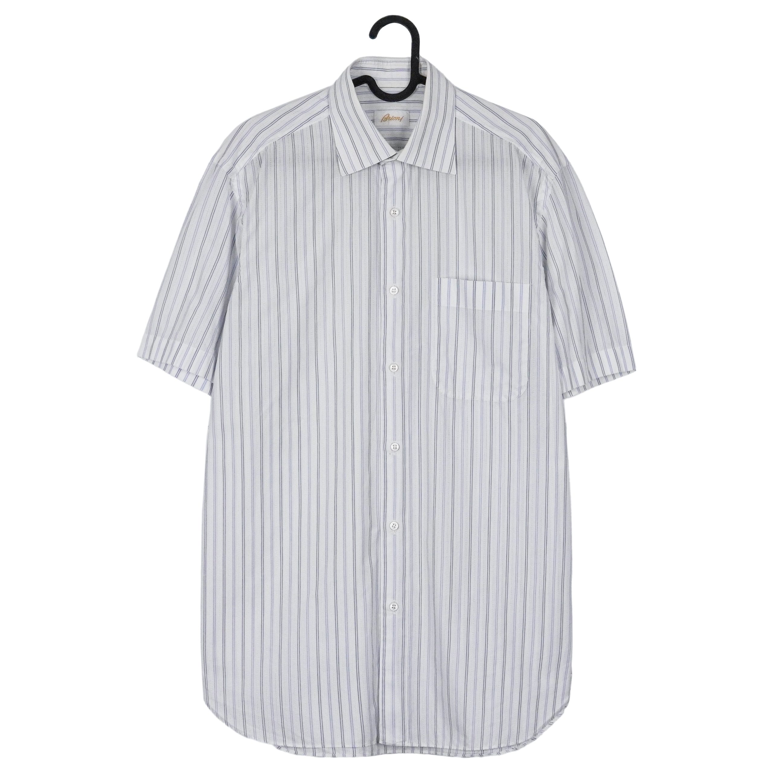 Brioni White Blue Striped Short Sleeve Button Up Dress Shirt