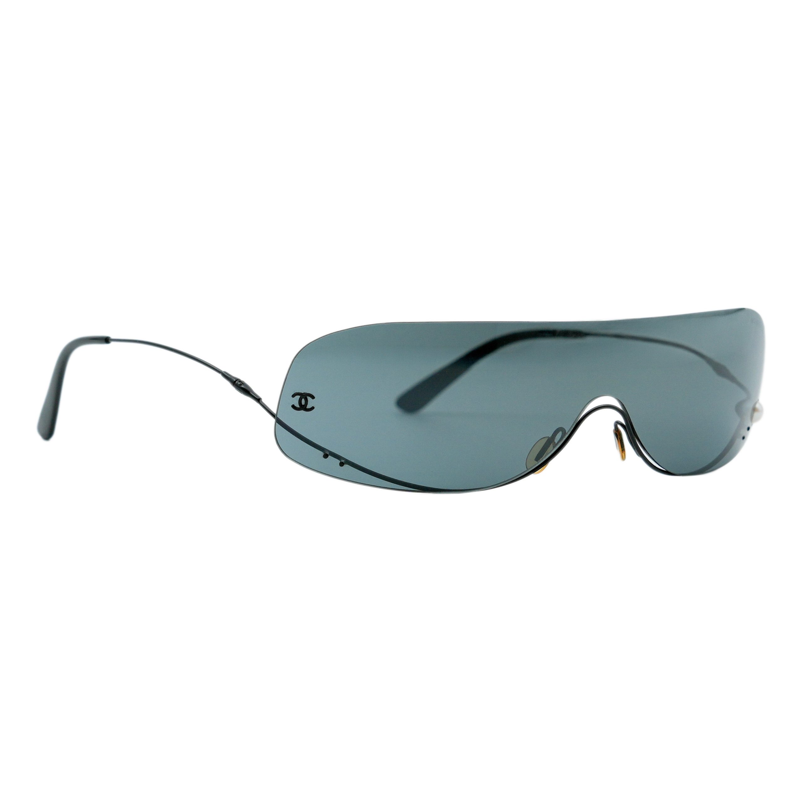 Vintage Chanel 4054 Black Rimless Shield CC Logo Sunglasses