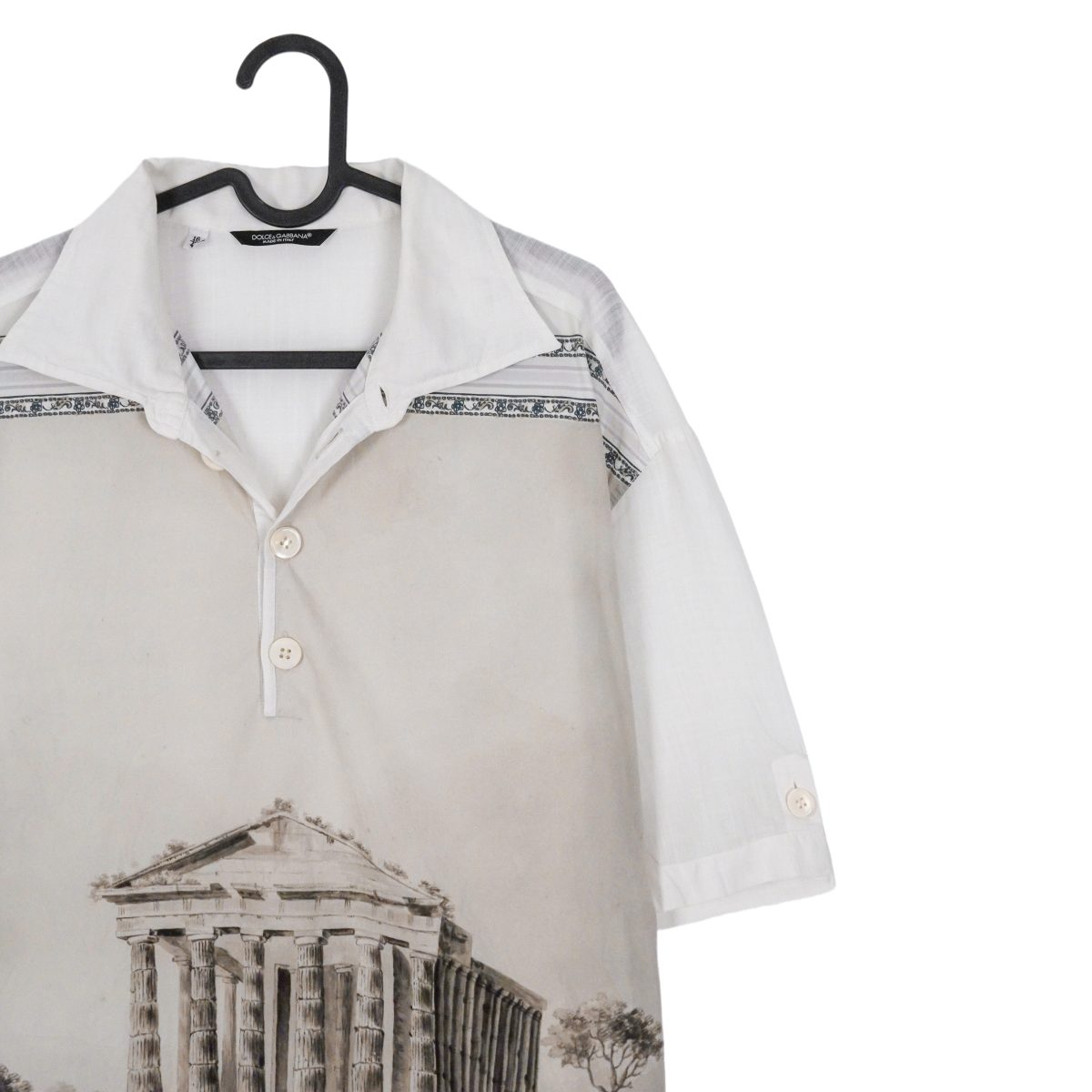 Dolce Gabbana White Linen Hemp Parthenon Print Polo Shirt — photo 3