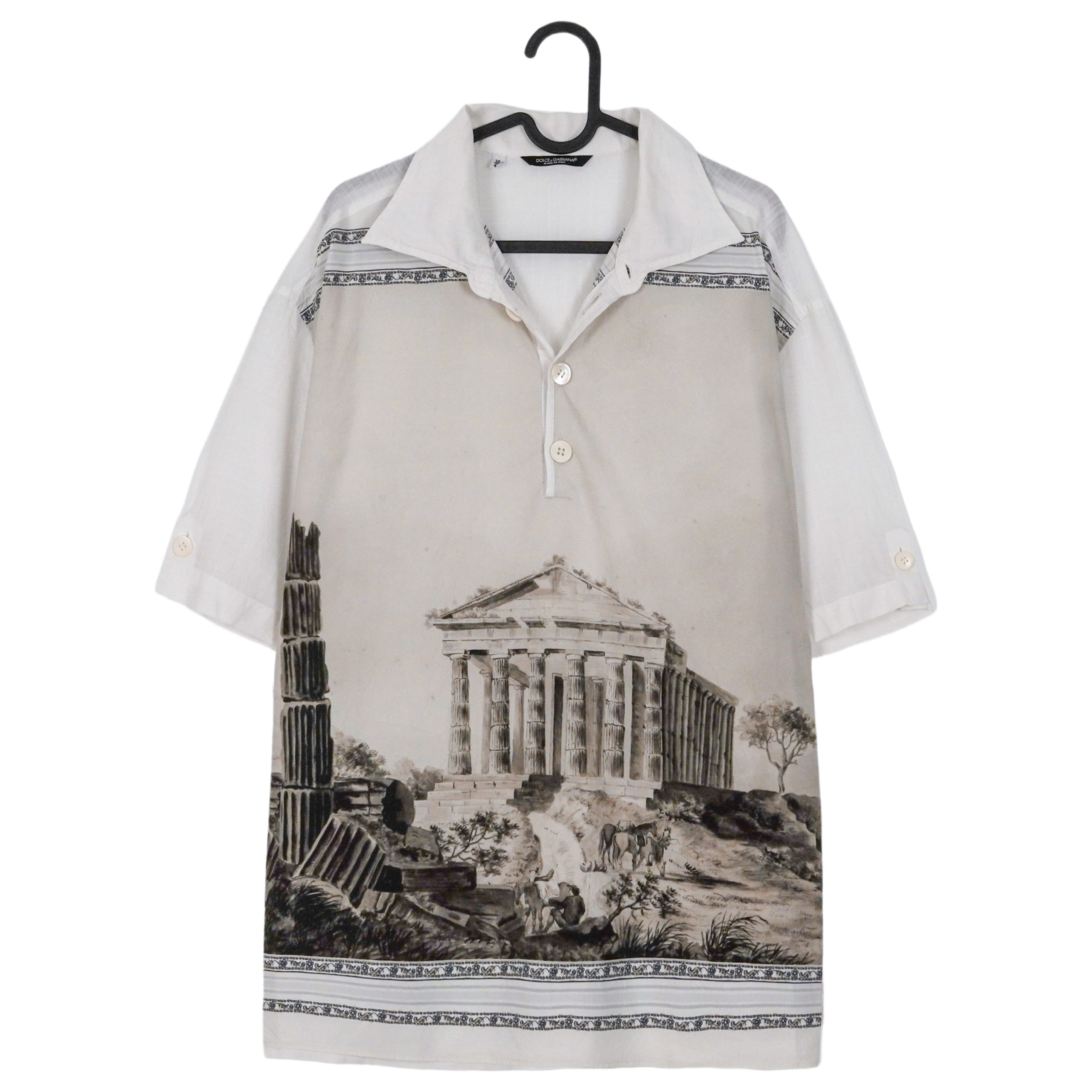 Dolce Gabbana White Linen Hemp Parthenon Print Polo Shirt