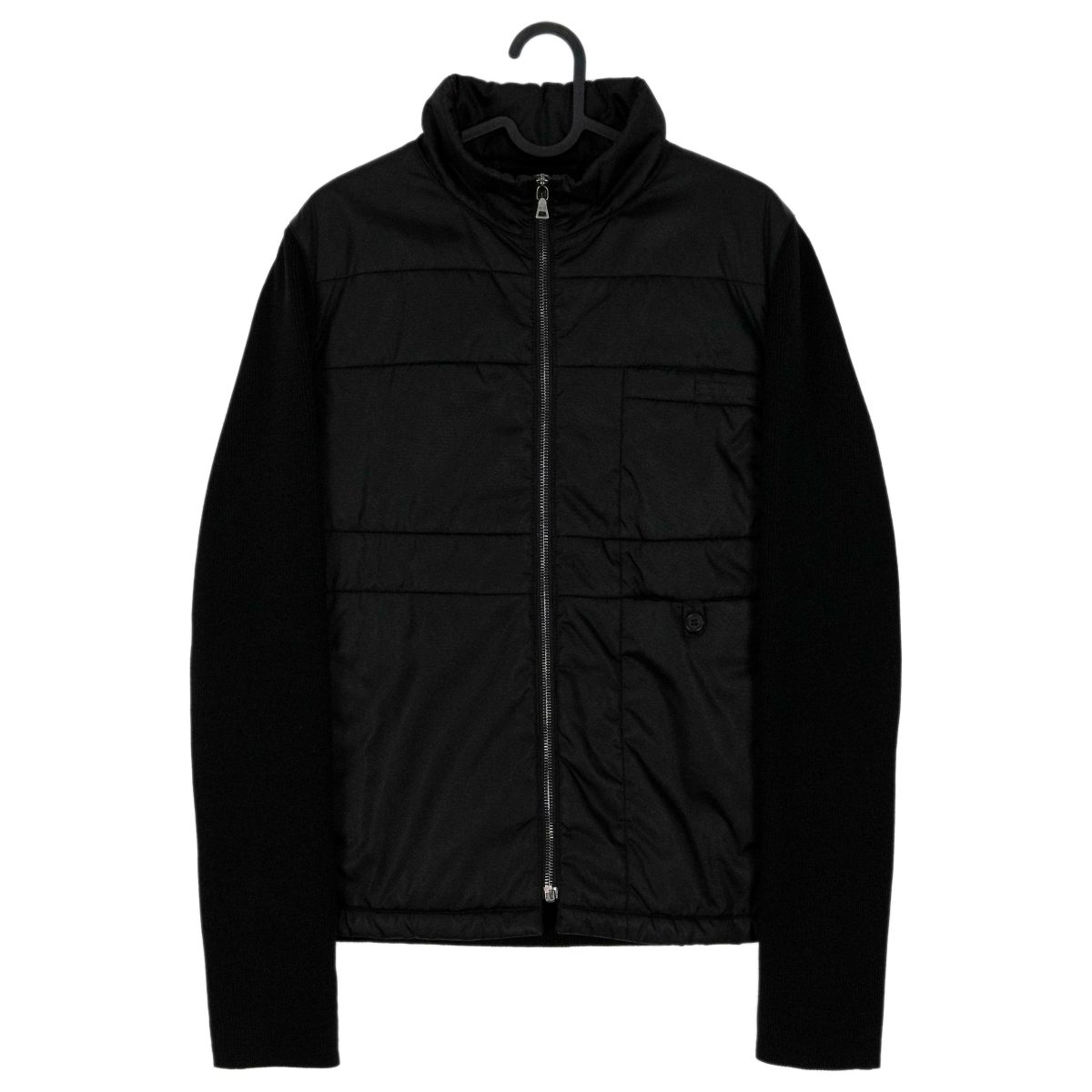 Vintage Prada Black Nylon Rib Knit Logo Wool Cardigan Jacket