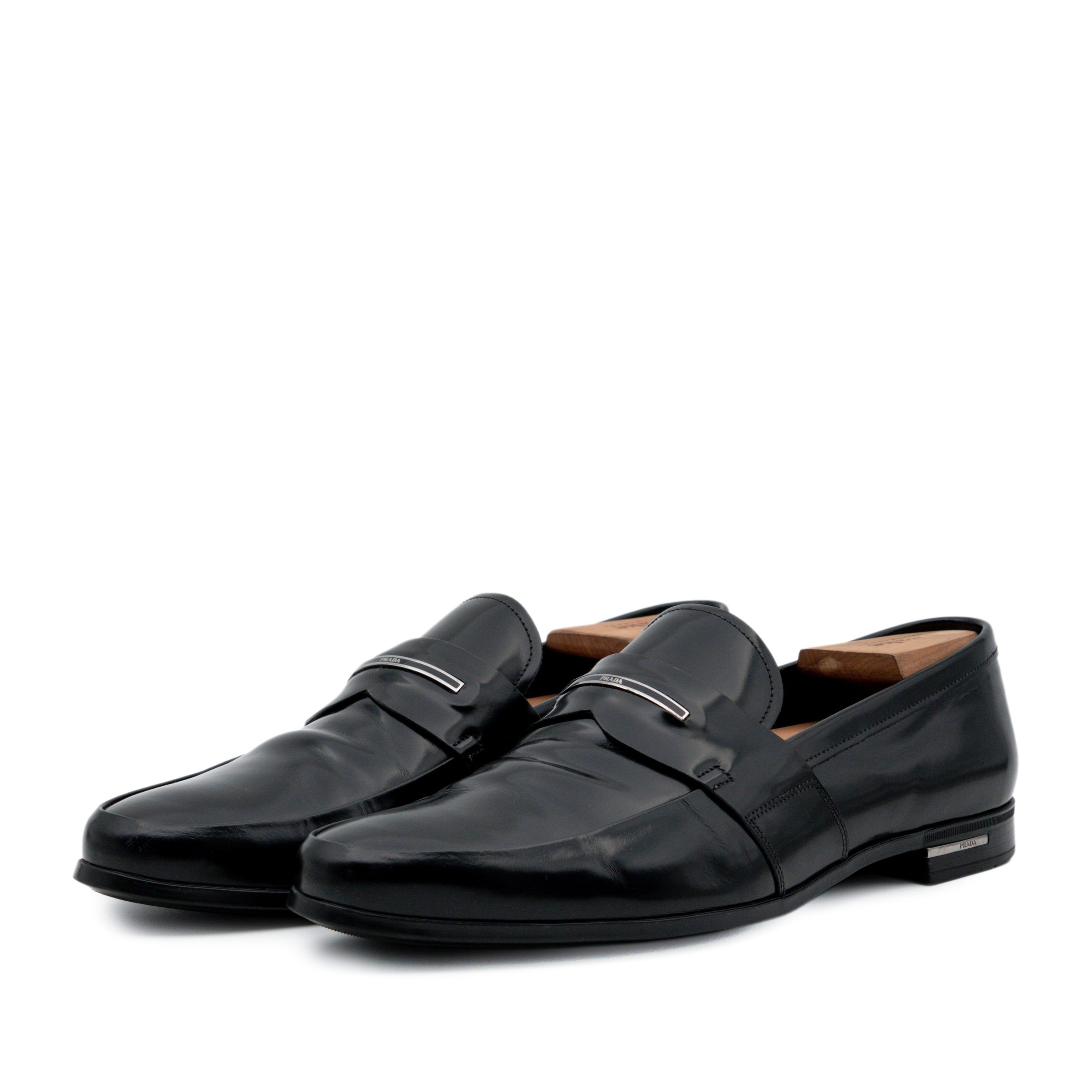 Prada Milano Black Leather Metal Logo Penny Loafers Shoes