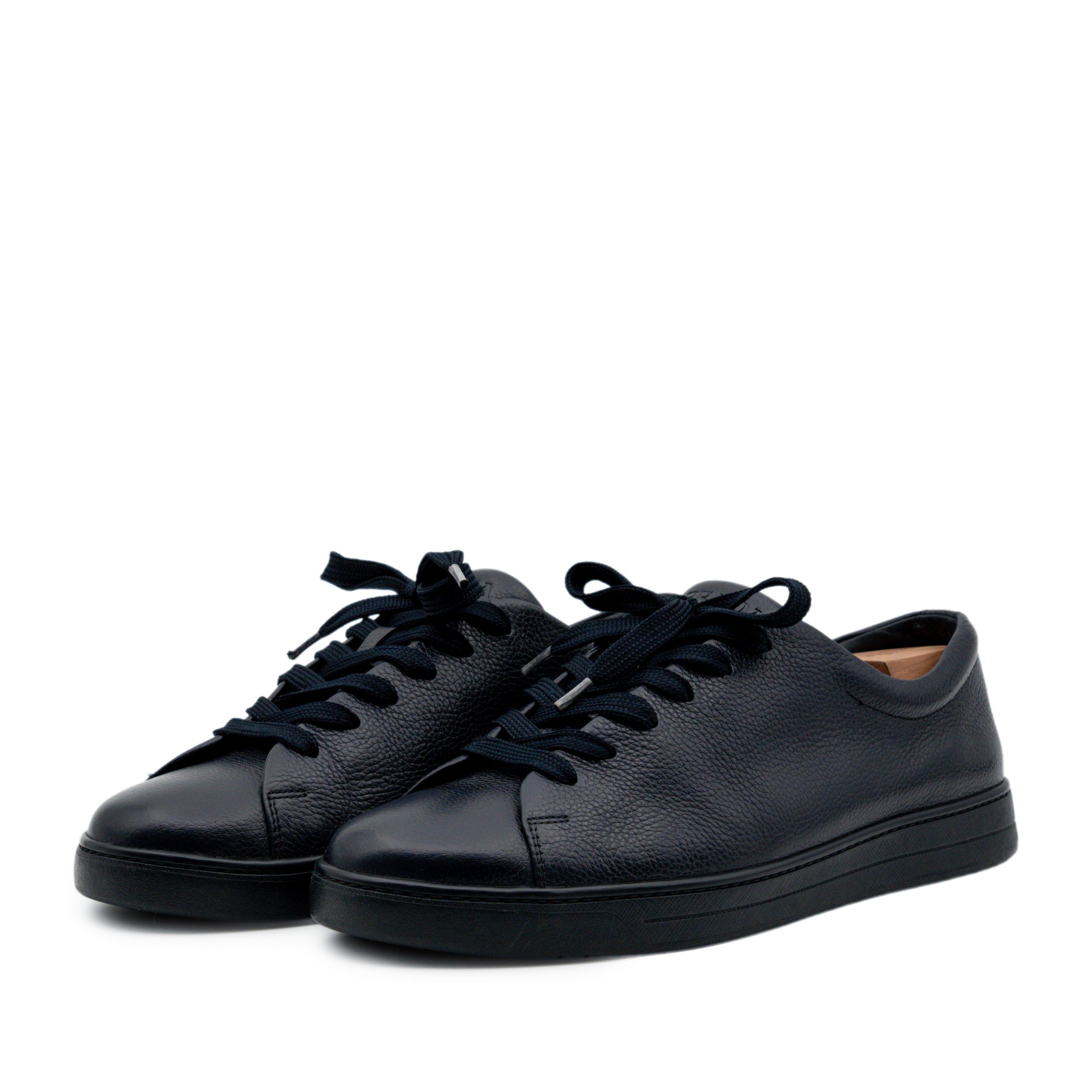 Prada Deep Navy Pebbled Leather Low Top Logo Shoes Sneakers