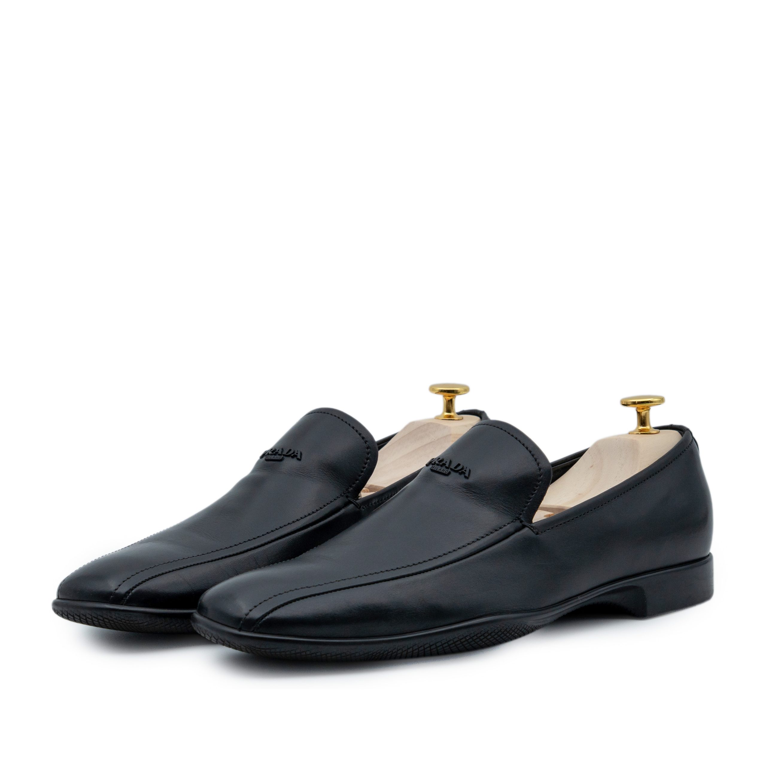 Prada Milano Black Leather Metal Logo Dress Loafers Shoes