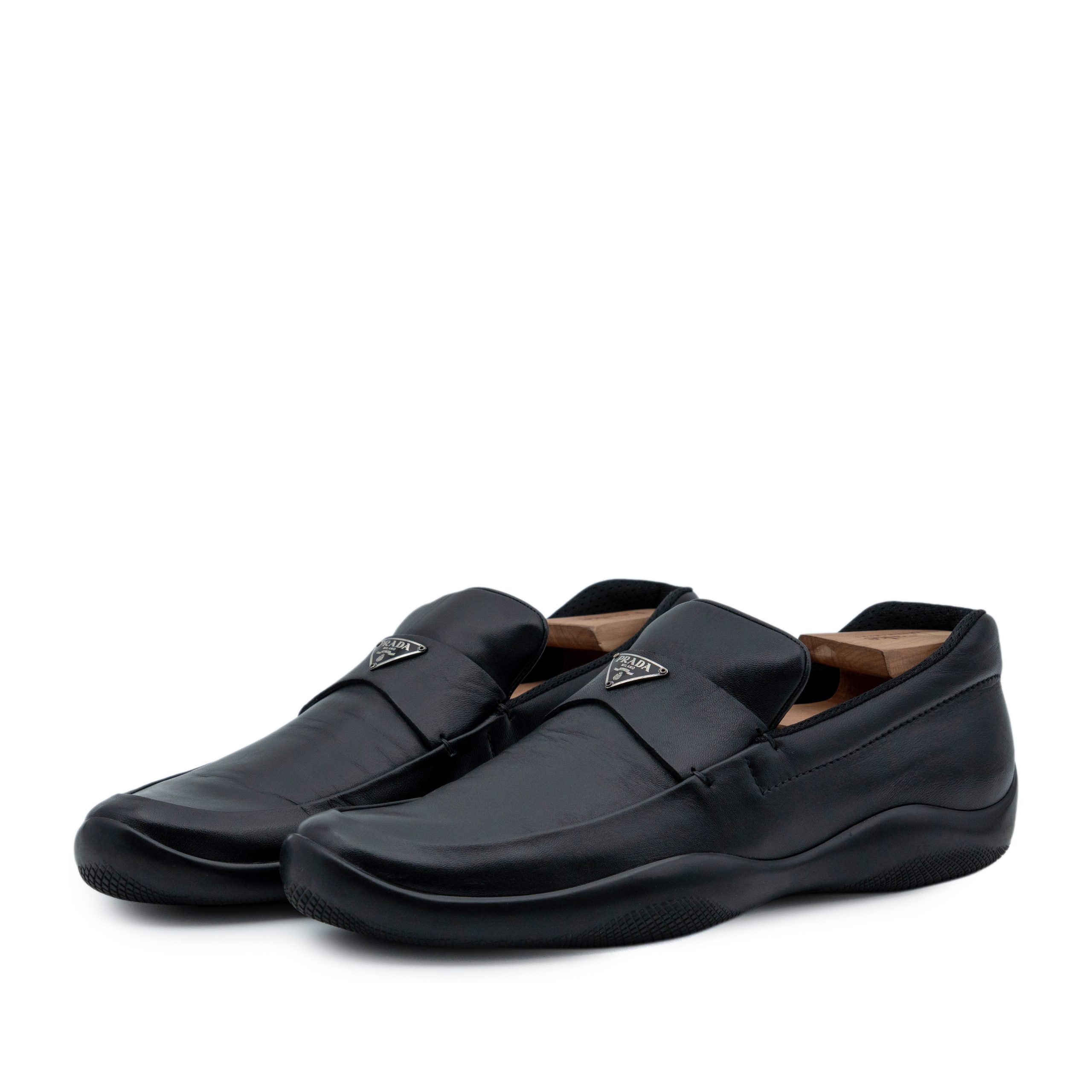 Vintage Prada Black Leather Triangle Logo Loafers Shoes
