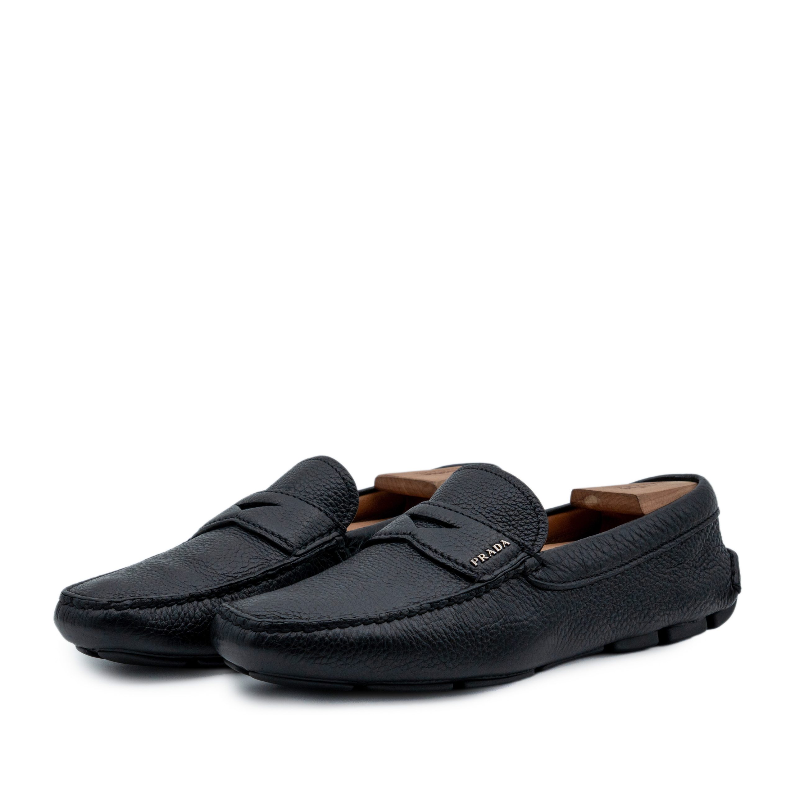 Prada Black Pebbled Leather Metal Logo Penny Loafers Shoes