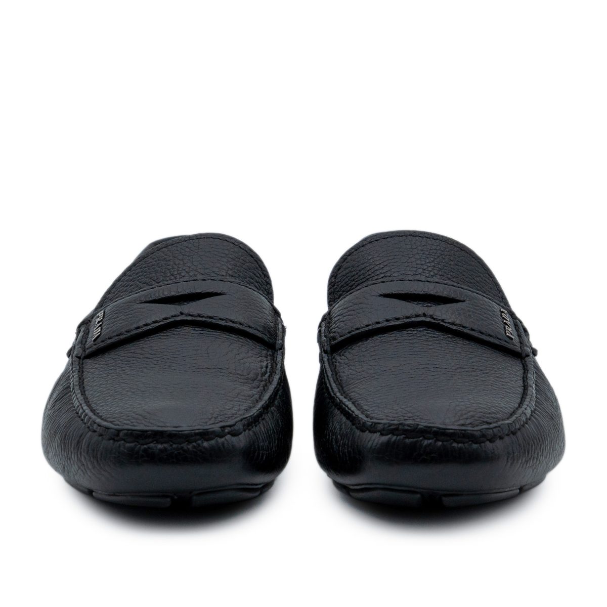 Prada Black Pebbled Leather Metal Logo Penny Loafers Shoes — photo 2
