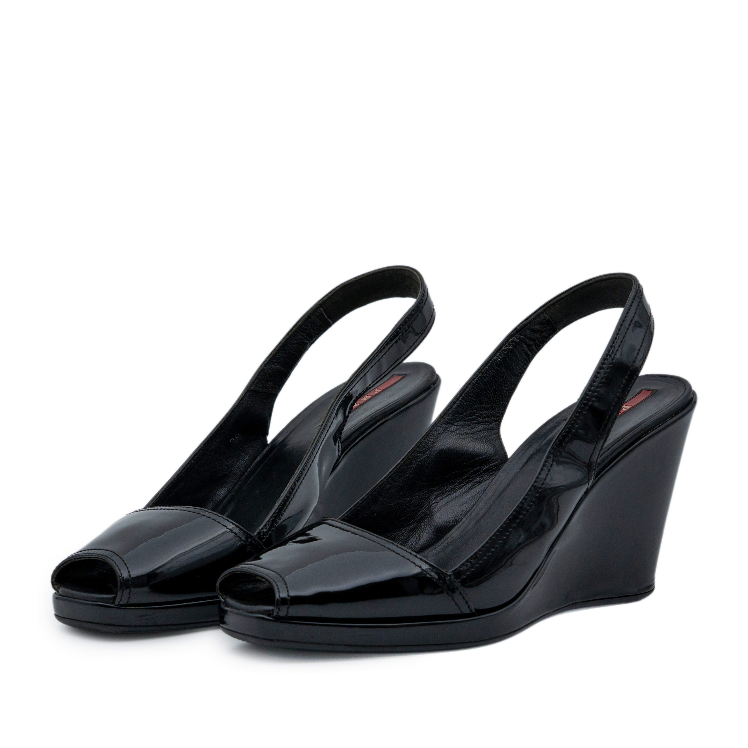 Prada Black Patent Leather Peep Toe Slingback Wedge Heels