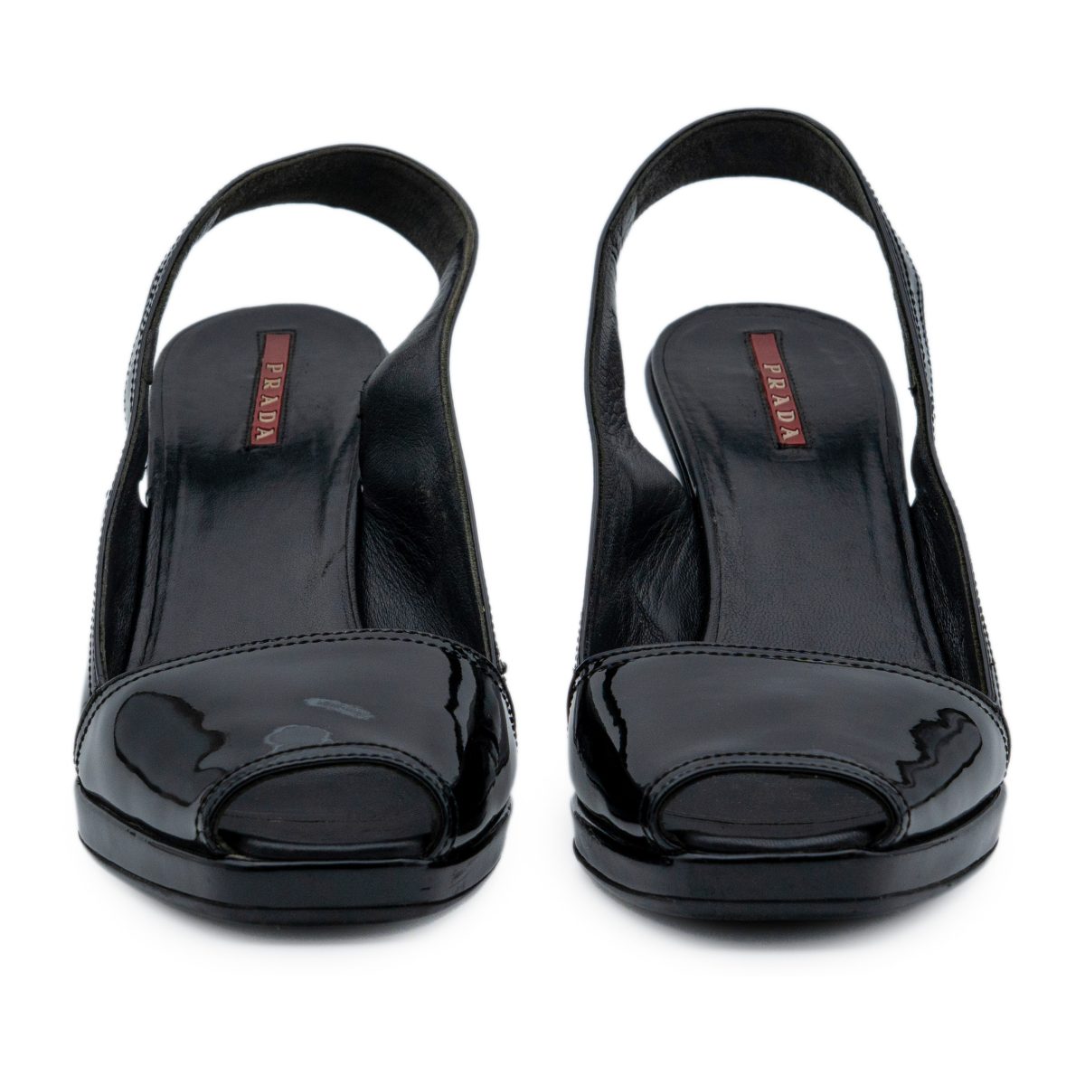 Prada Black Patent Leather Peep Toe Slingback Wedge Heels — photo 2